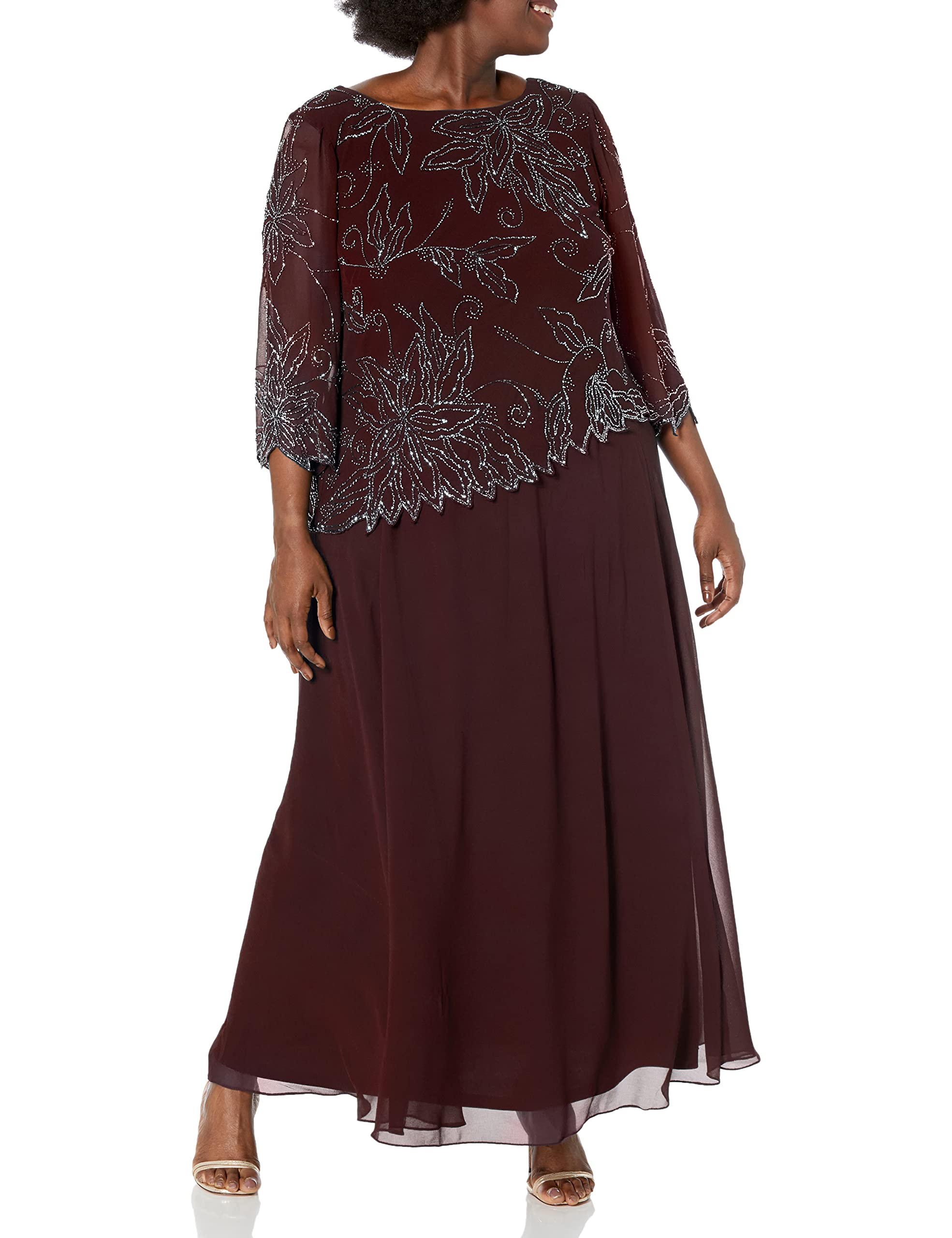 J Kara Women's Plus Size 3/4 Sleeve Scallop Edge Mock Flare Dress - Elegant A-Line Midi Dress for Casual Wear, Office, Parties & Special Occasions