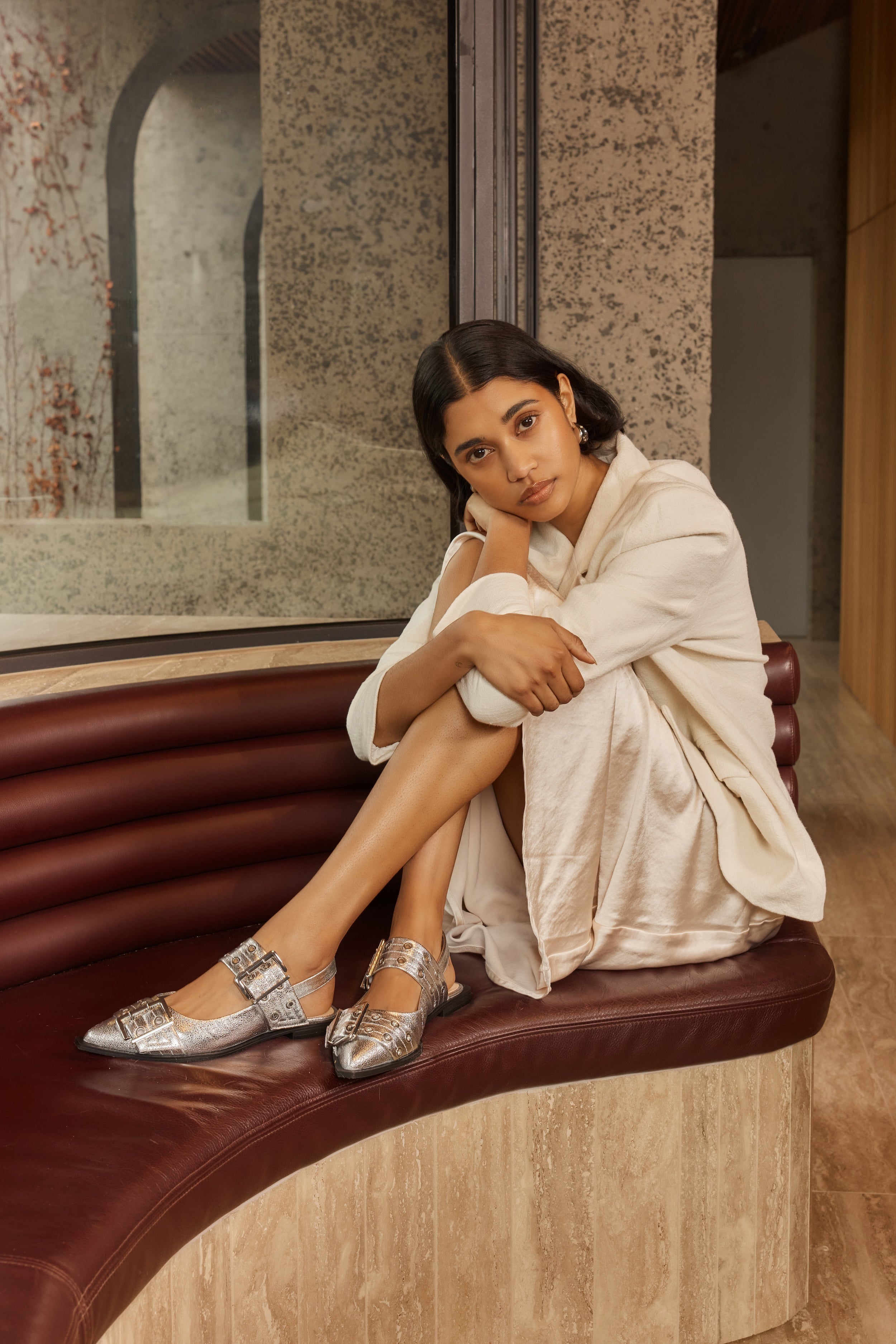 Clea Slingback Buckle Flats - Women's Comfortable Silver Crinkle Leather Shoes for Casual Wear & Office Outfits