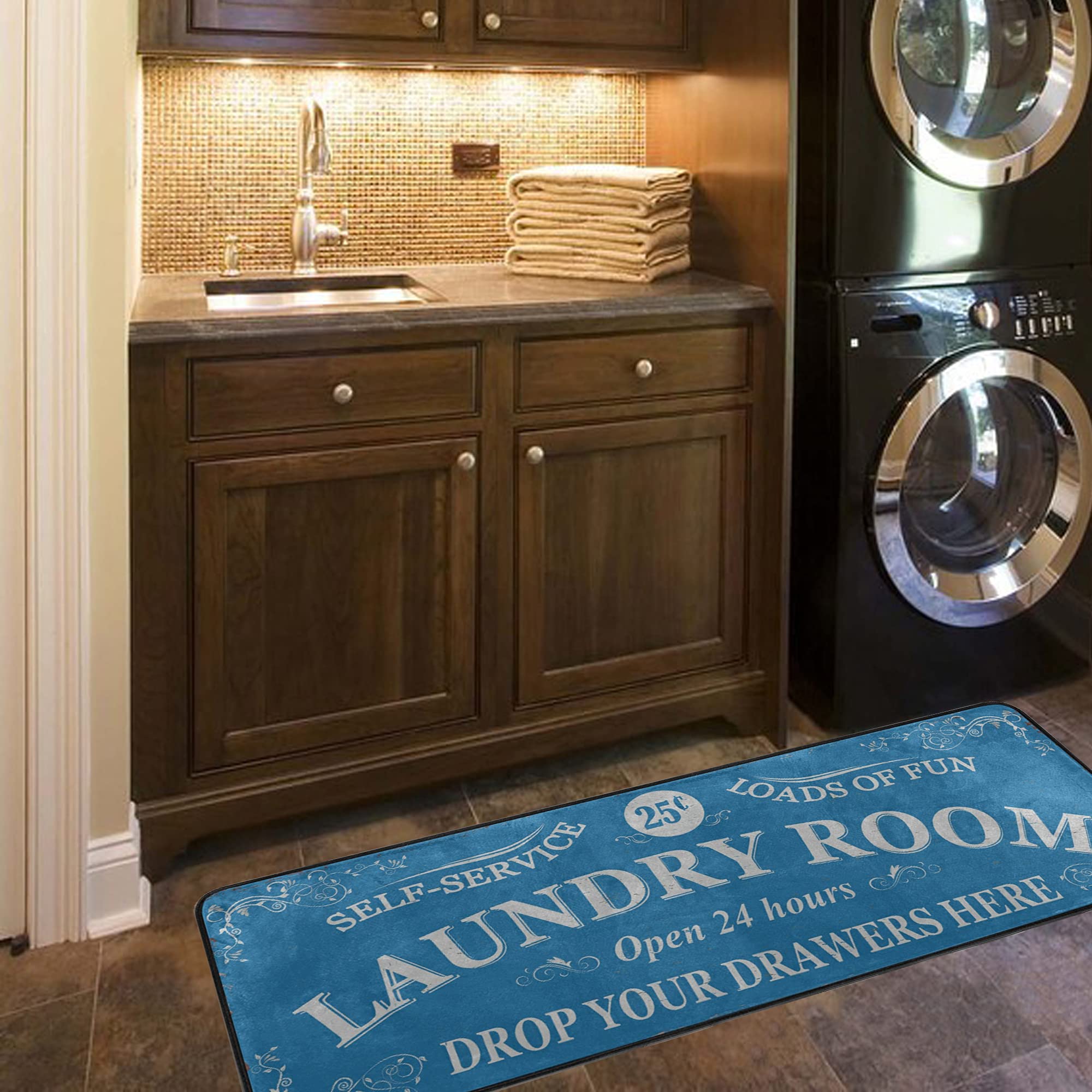 Farmhouse Laundry Room Rug - 72x24in Machine Washable Runner Mat in Retro Blue - Perfect for Laundry Room Decor, Kitchen Entryway & Mudroom Floor Protection