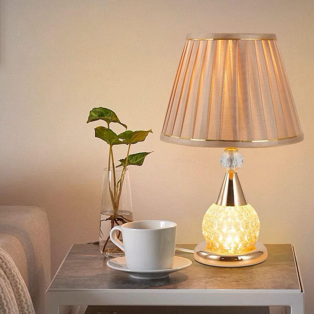 Elegant Tawny Glass Table Lamp with Fabric Lampshade - Bedroom, Study & Office Desk Lighting for Home Decor | Perfect for Reading, Working & Ambient Lighting