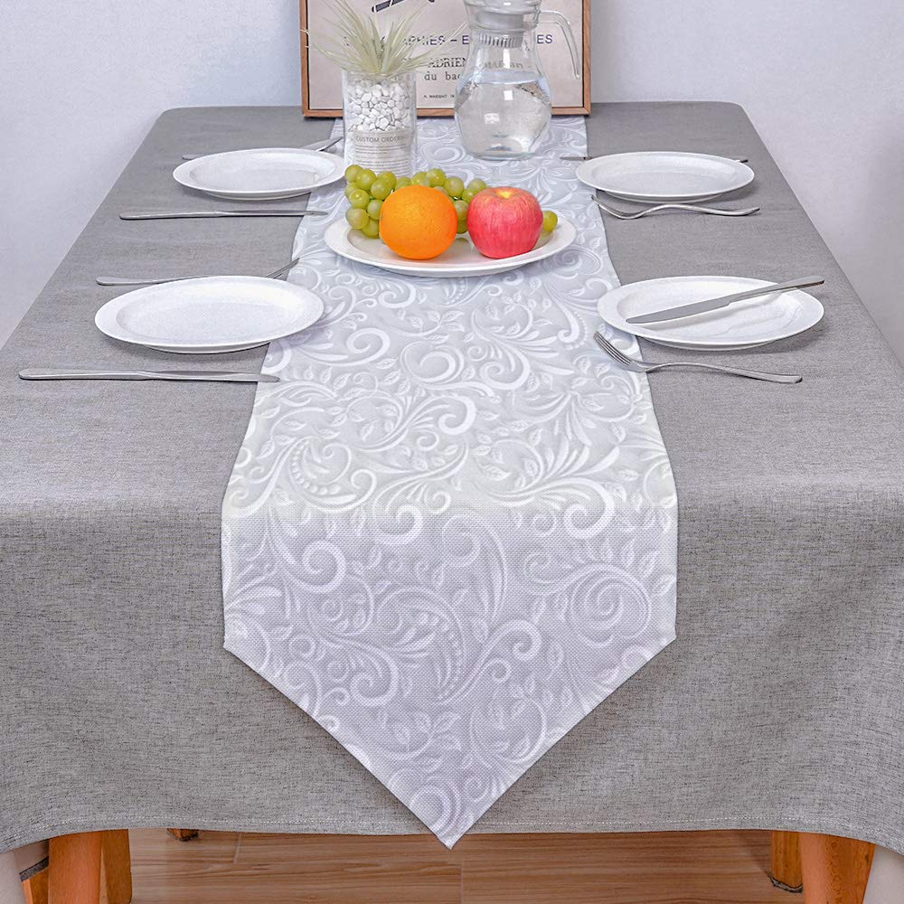 Silver Winter Christmas Floral Cotton Linen Table Runner - 13x120 Inch Durable Dining Table Decor for Family Gatherings, Parties & Weddings | Perfect for Holiday Tablescapes, Buffet Displays and Seasonal Home Decor