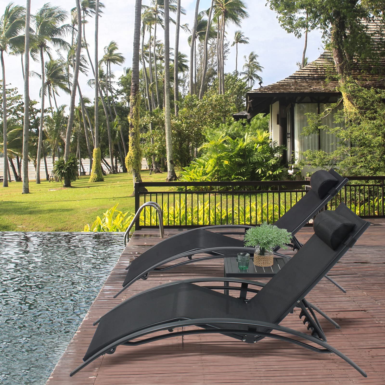 3-Piece Patio Chaise Lounge Chair Set - Aluminum Outdoor Reclining Sun Lounger with Adjustable Headrest & Side Table - Perfect for Poolside, Beach, Garden, Lawn & Backyard Relaxation (Black)