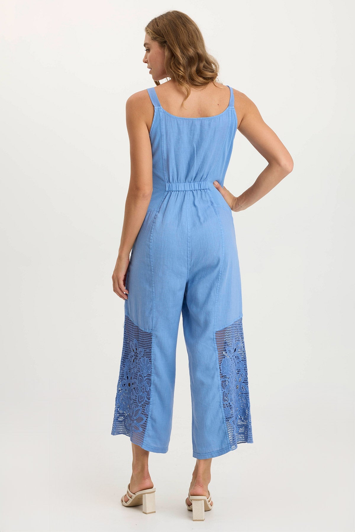 Nairi Women's Linen Crochet Mesh Contrast Jumpsuit - Boho Chic Summer Romper for Beach Vacation, Music Festival & Casual Outings