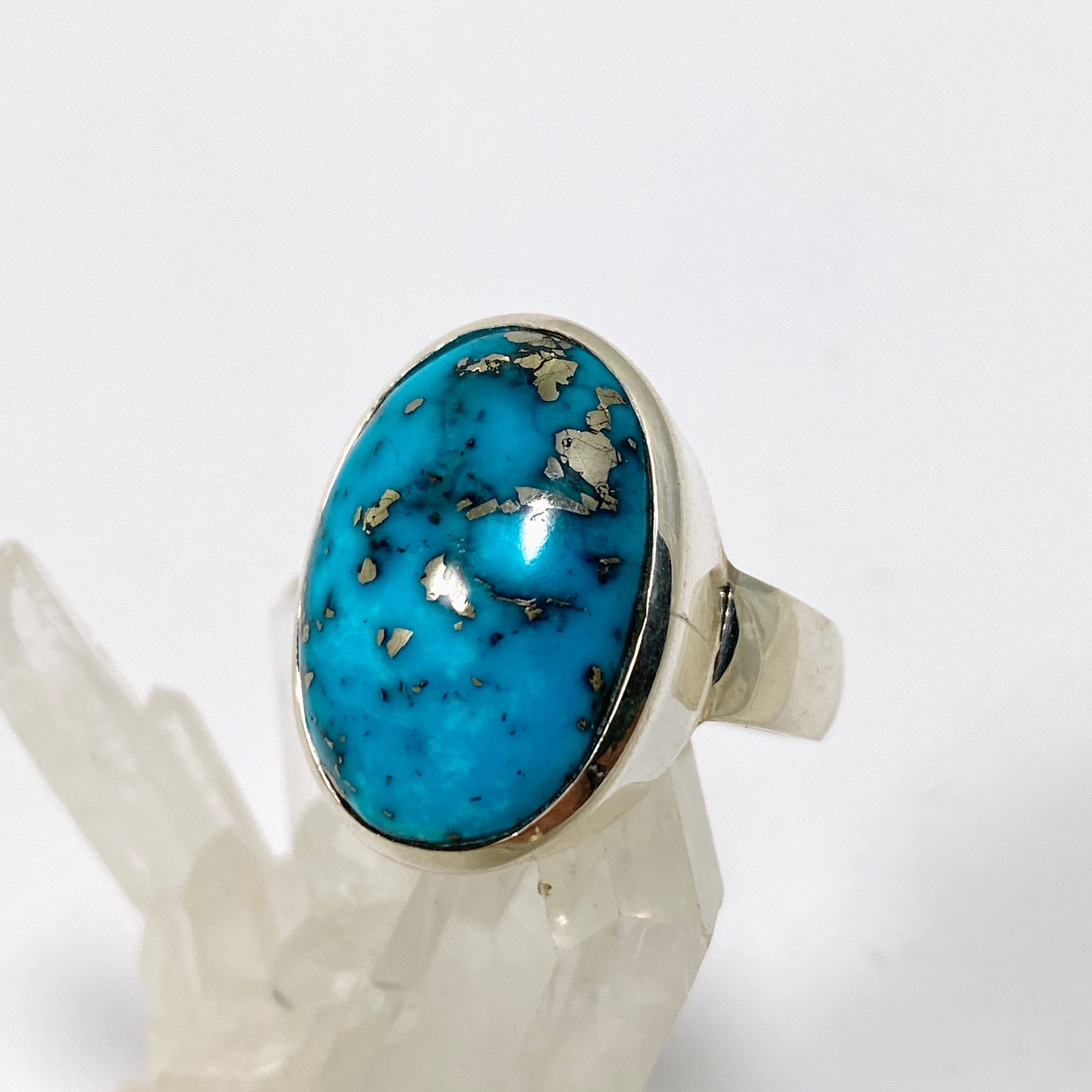 Natural Persian Turquoise with Pyrite Oval Cabochon Ring - Size 10 - Handmade Iranian Gemstone Jewelry for Women - Perfect for Boho, Western & Everyday Fashion