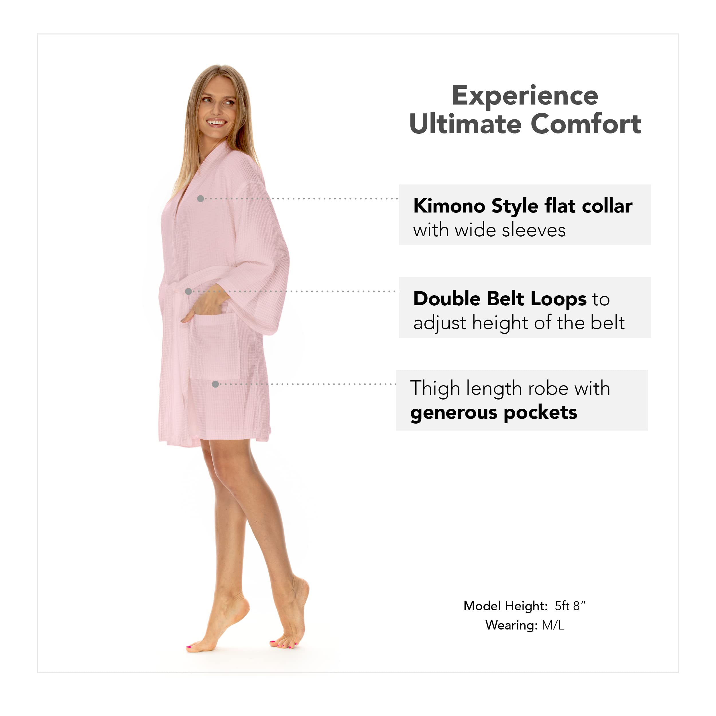 Boca Terry Women's Waffle Robe - Soft Lightweight Knee Length Kimono Bathrobe for Spa, Lounge & Home Relaxation
