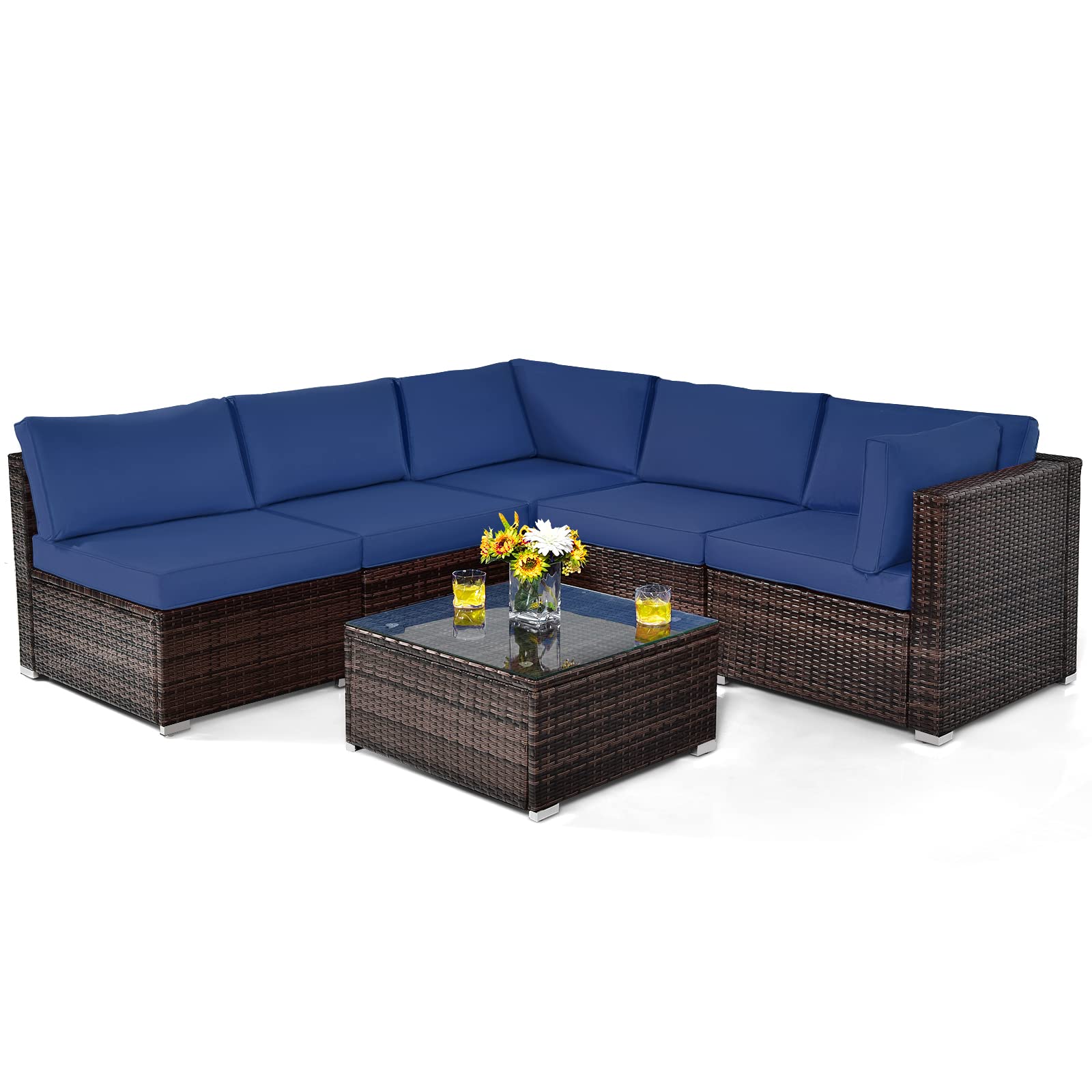 Tangkula 6-Piece Outdoor Patio Furniture Set - All-Weather Wicker Sofa Sectional with Cushions & Glass Coffee Table - Rattan Garden Conversation Set for Backyard, Poolside & Deck (Beige)