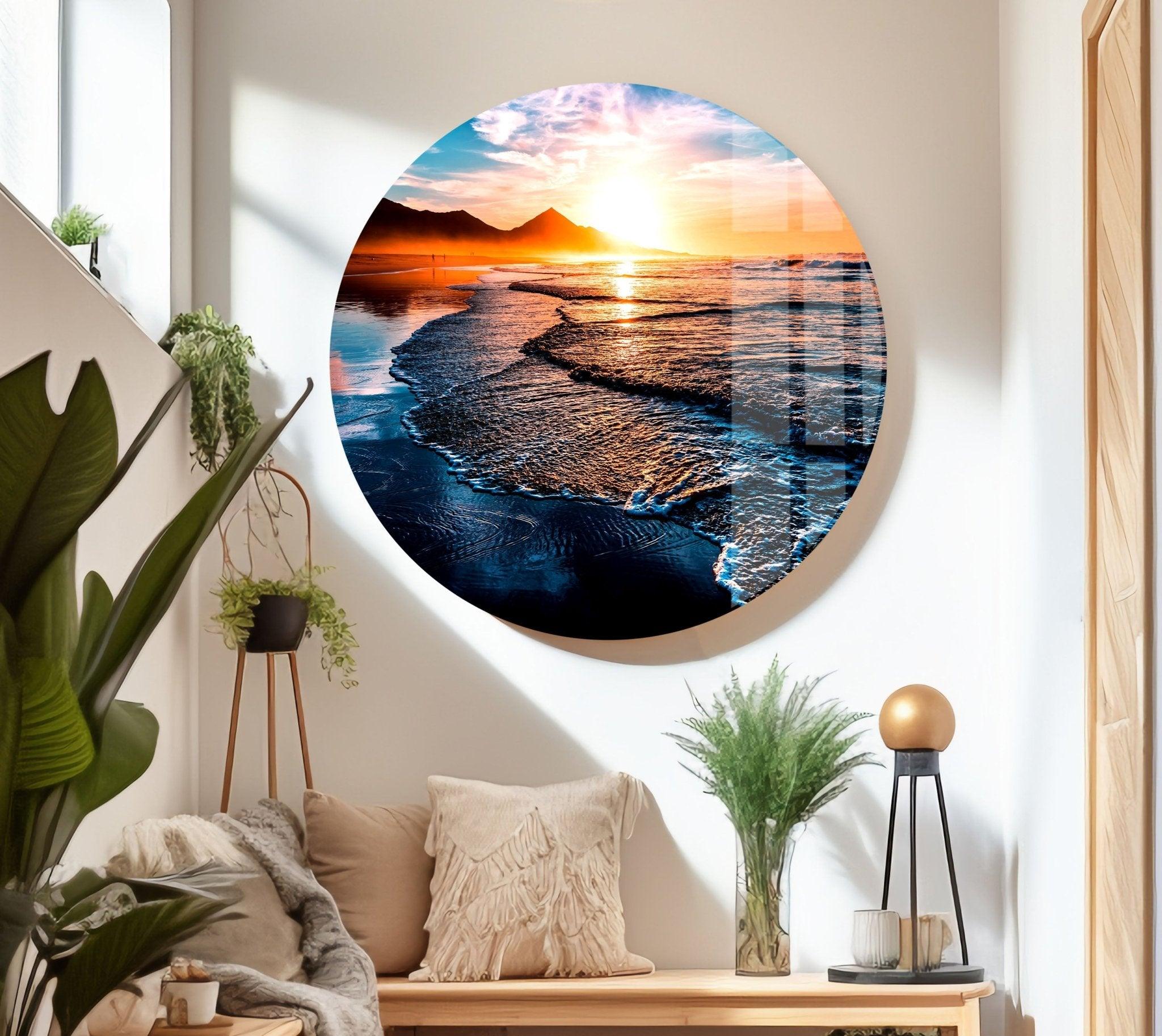 Sunset Beach & Ocean Waves Glass Wall Art - Coastal Home Decor for Living Room, Bedroom, or Office