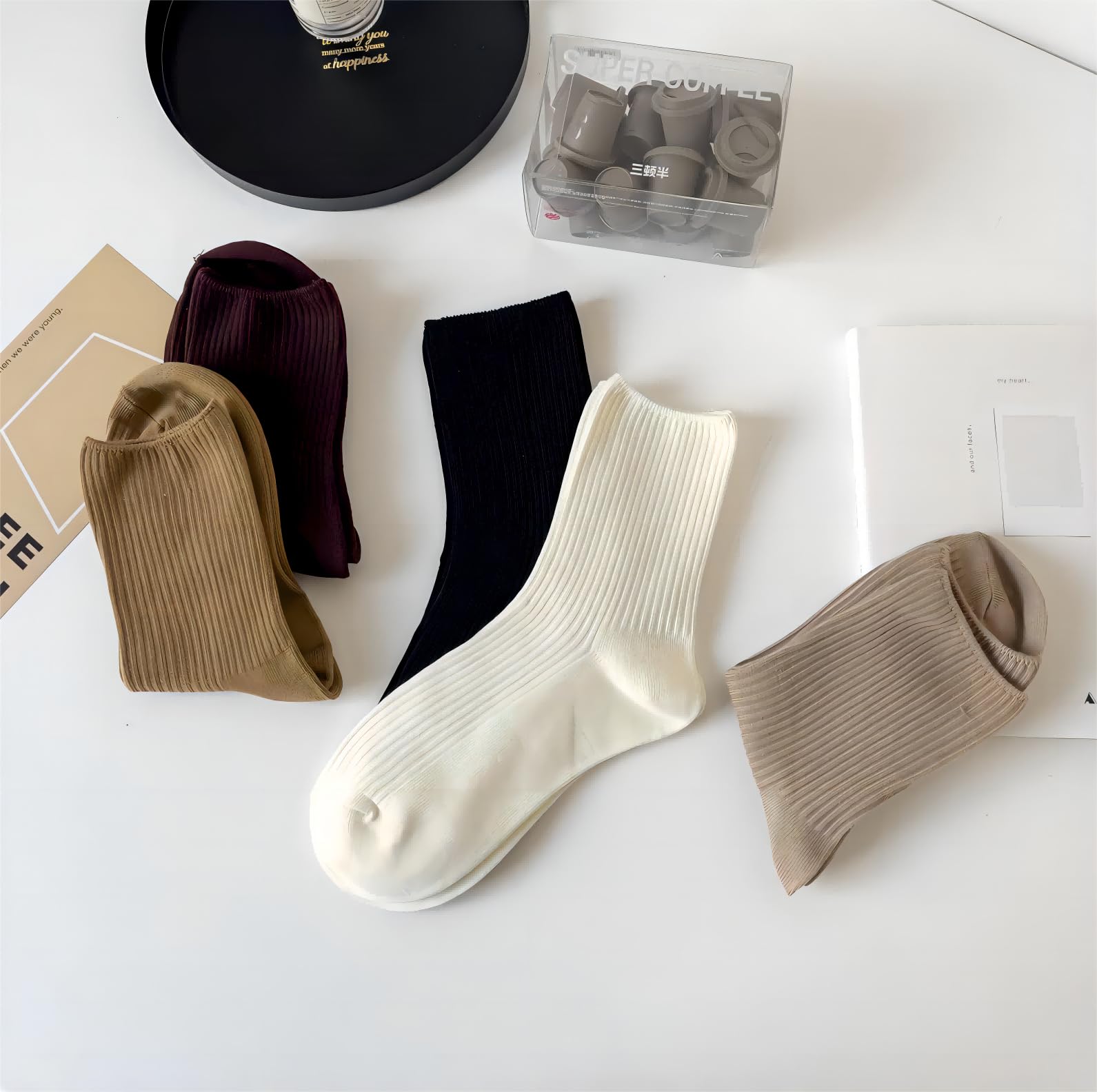 Women's Solid Striped Textured Ribbed Knit Crew Socks - 5 Pairs Soft Thin Cotton Breathable Casual Socks for Business & Daily Wear - Perfect for Office, Travel and Home Comfort