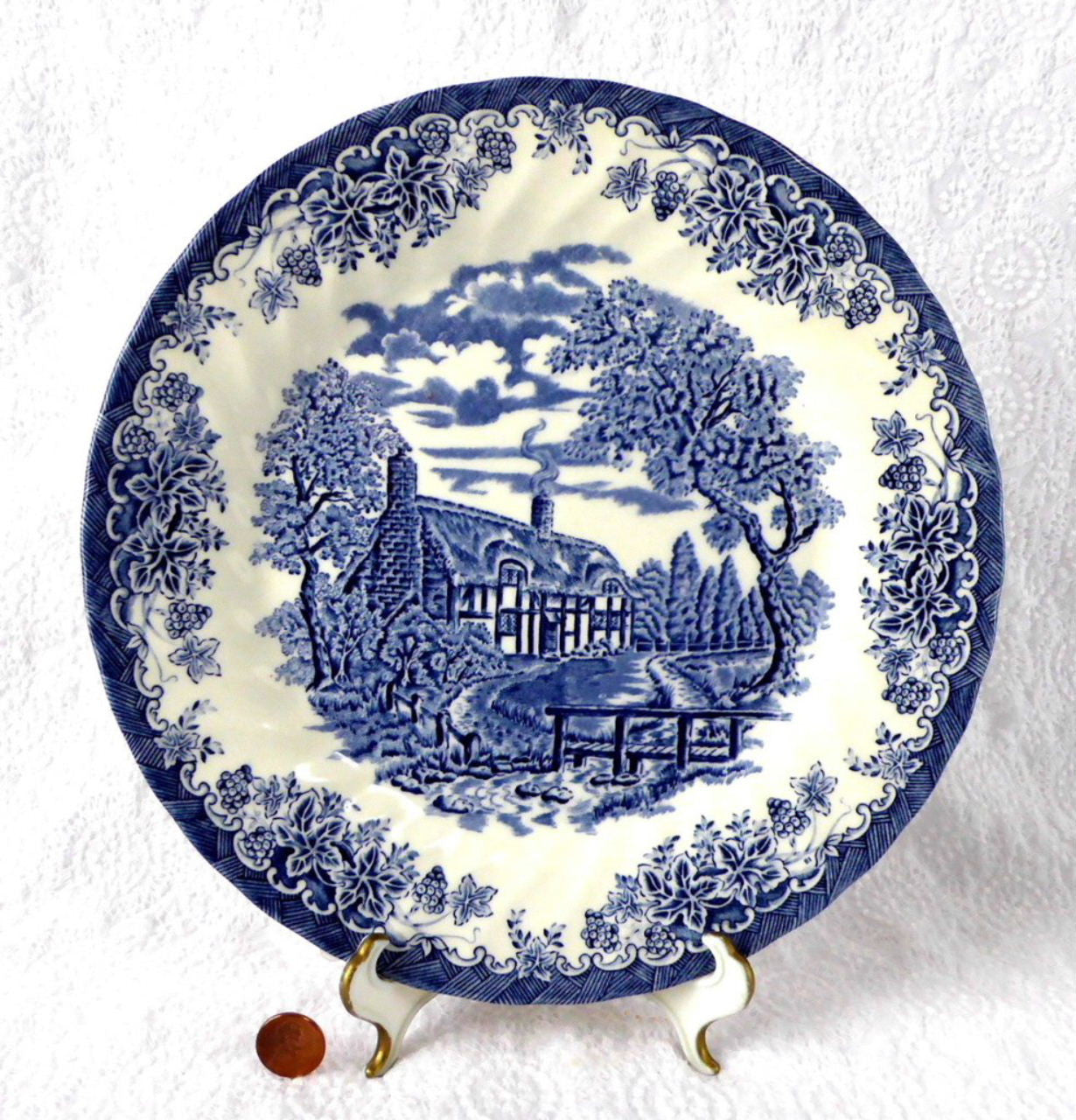 Blue Transferware Plate - Queen's Brook Ironstone English Cottage Landscape Design - Perfect for Farmhouse Dining, Tea Parties & Vintage Home Decor