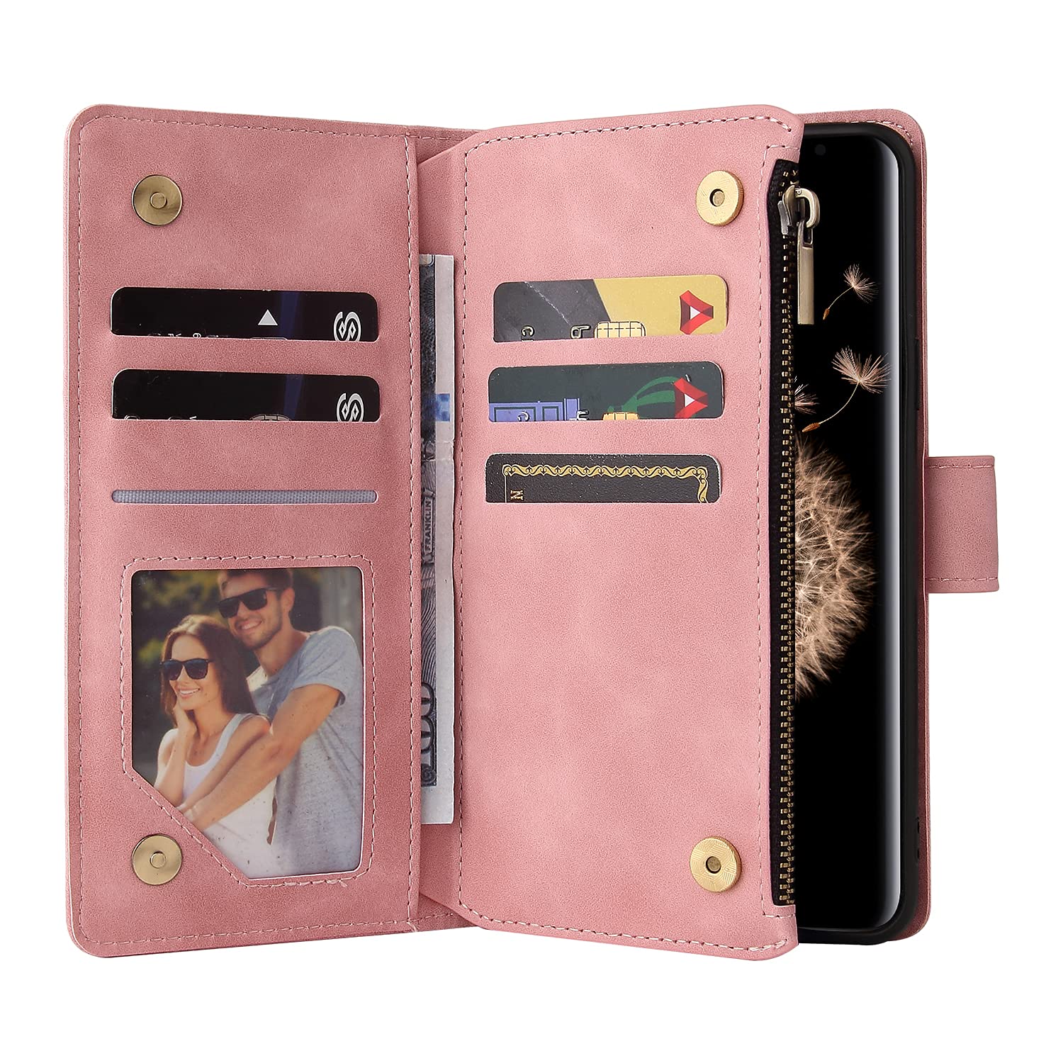 Premium PU Leather Wallet Case for Samsung Galaxy S9 - Magnetic Closure, Card Slots & Kickstand | Women's Handbag Style with Zipper Pocket & Hand Strap (Pink) - Perfect for Daily Use, Travel & Shopping