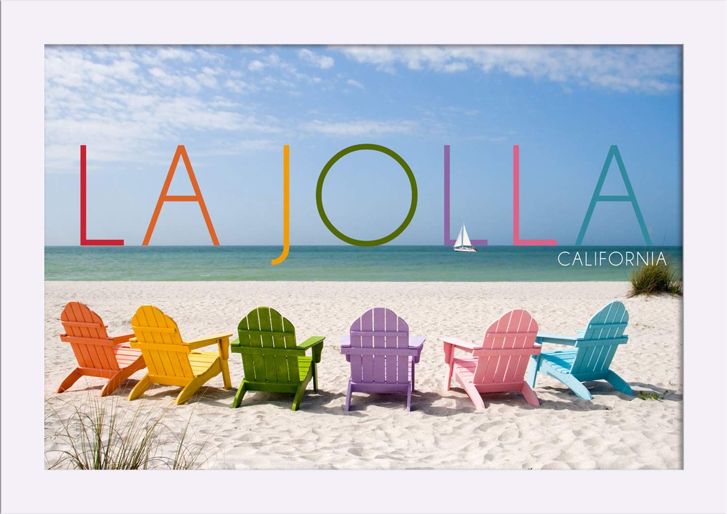 La Jolla California Beach Chairs Art Print - 12x18 Inch Giclee Fine Art on Recycled Wood Frame, White - Perfect for Coastal Home Decor & Beach House Wall Art