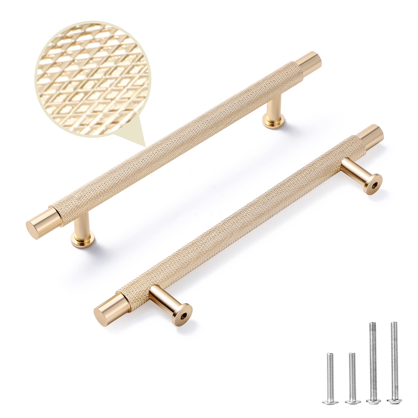 Shiny Champagne Gold Kitchen Cabinet Handles - 6 Pack 5 Inch (128mm) Hole Center, Diamond Pattern Knurled Drawer Pulls - Solid Brass Cabinet Hardware for Dresser, Wardrobe & Home Renovation - Perfect for Modern Kitchen & Bathroom Upgrade