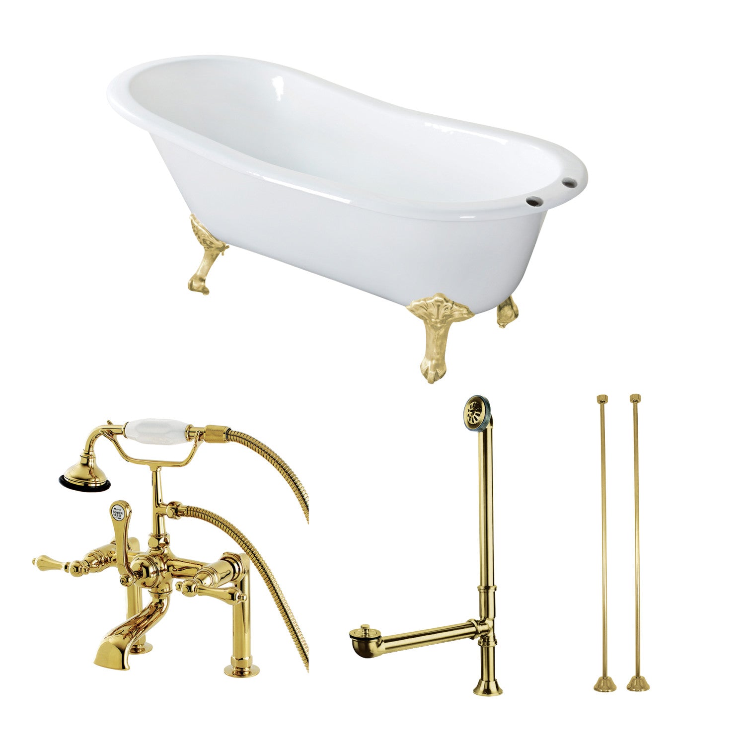 Aqua Eden 62 Inch White Oval Cast Iron Clawfoot Bathtub with Polished Brass Faucet - Vintage Freestanding Slipper Tub for Luxury Bathroom & Spa Relaxation