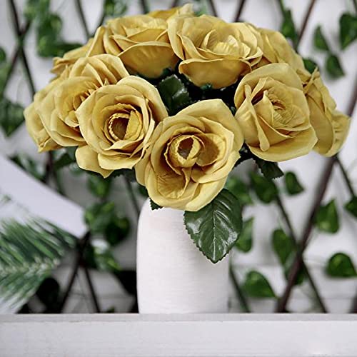 12-Inch Artificial Velvet Roses Bouquet - Gold Silk Wedding Flowers for Centerpieces, Bridal Shower, Party & Home Decorations (Set of 6) - Perfect for Wedding Receptions, Anniversary Gifts and Table Decor