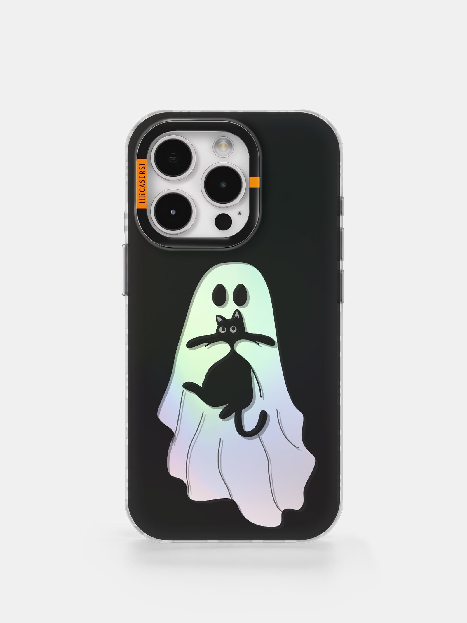 Ghost & Cat Iridescent Mirror Phone Case - Black | Shatterproof Protective Cover for iPhone & Samsung | Perfect for Parties, Concerts & Nightlife