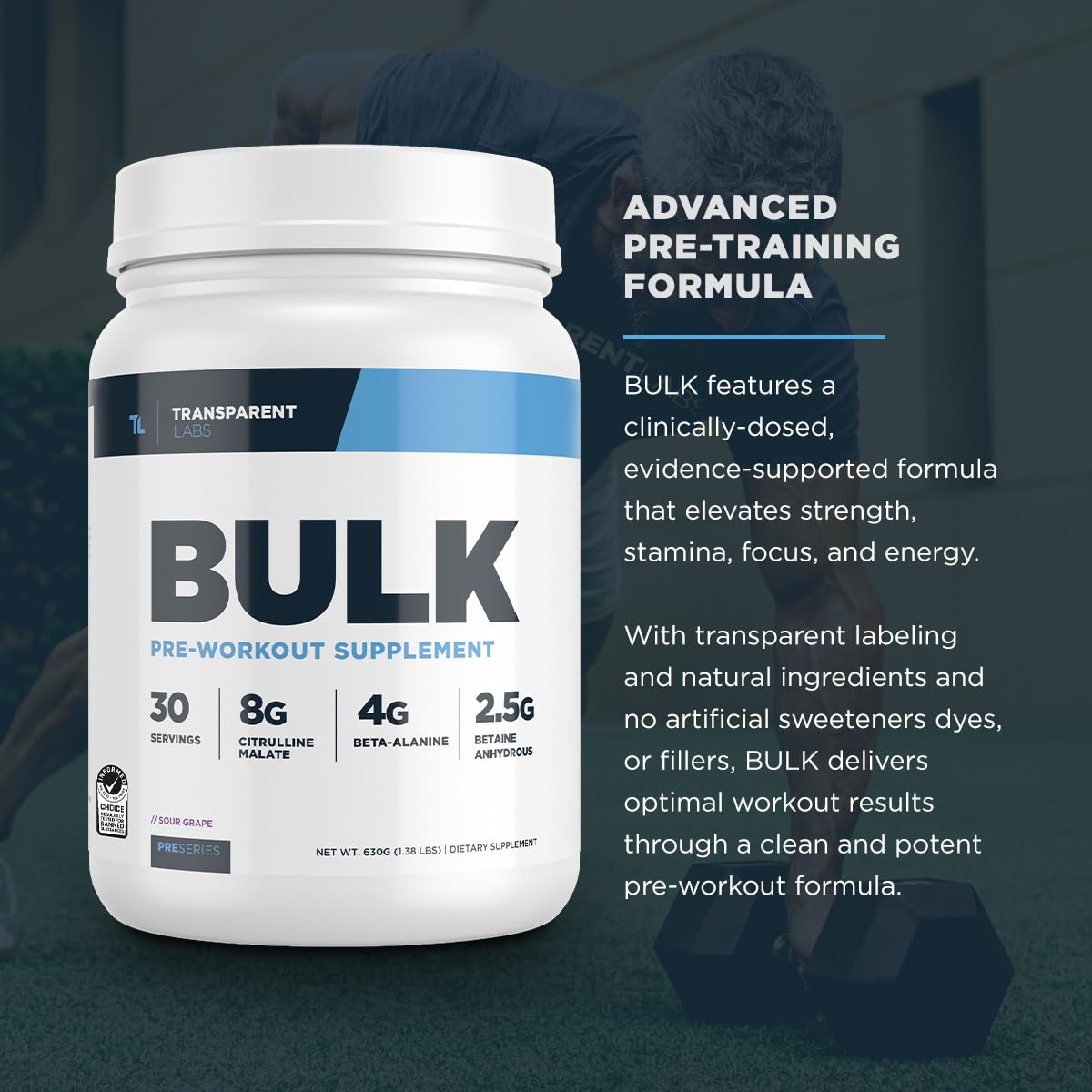 Transparent Labs Bulk Pre Workout - Strawberry Kiwi, 30 Servings for Muscle Building & Strength - Gym & Fitness