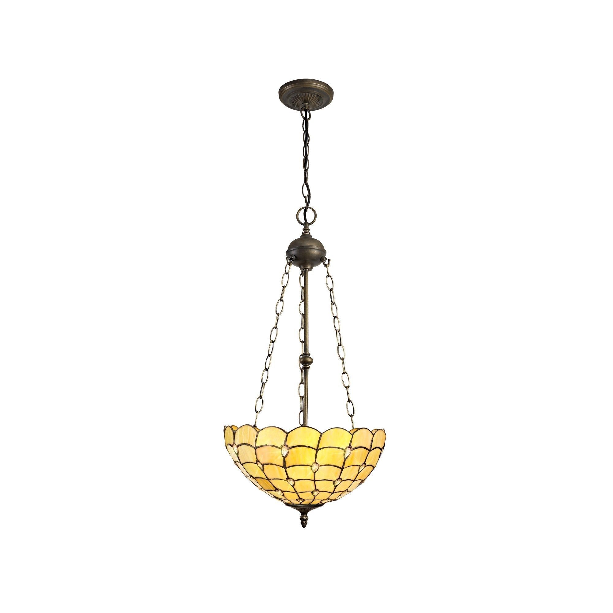 Aero 2 Light Uplighter Pendant with 30cm Tiffany Shade - E27 Socket, Beige/Clear Crystal/Aged Antique Brass Finish - Perfect for Dining Room, Bedroom, or Living Room Lighting
