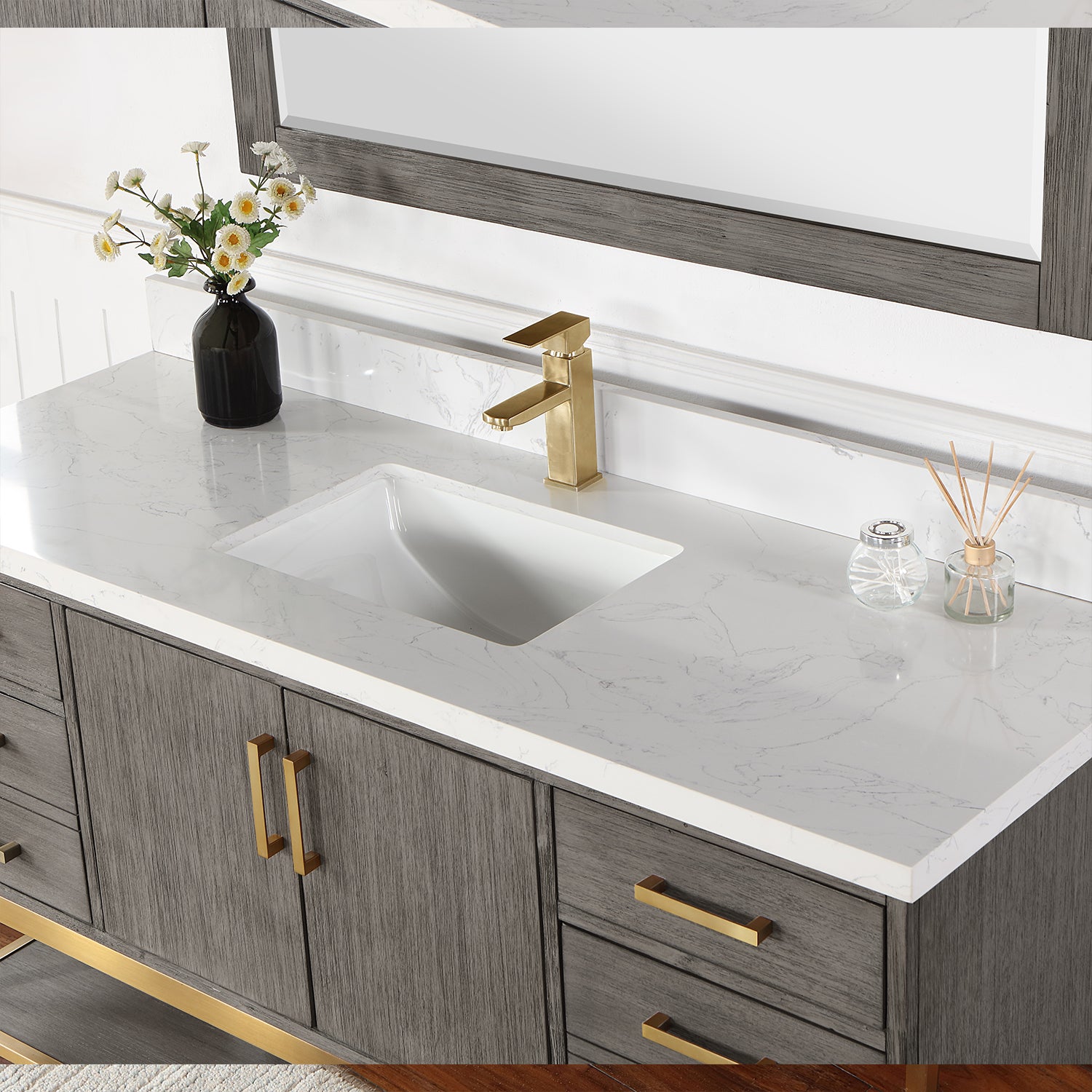 Wildy 60 Inch Single Bathroom Vanity Set with Grain White Composite Stone Countertop - Modern Bathroom Sink Cabinet for Small Spaces, Perfect for Apartments, Guest Bathrooms & Powder Rooms