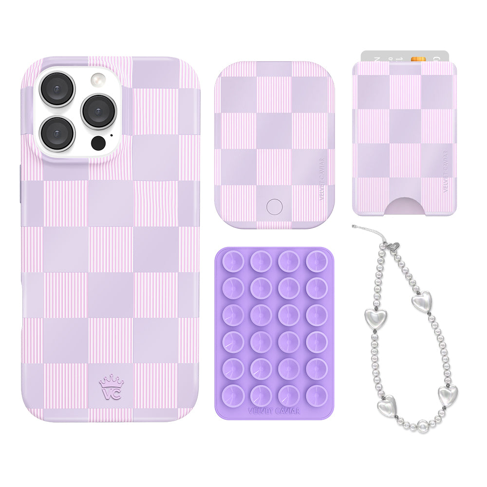 Lilac Vibe Checkered iPhone Case with Wallet - Trendy Protective Phone Cover for iPhone 13/14/15 Pro Max - Perfect for Everyday Use, Travel & Shopping