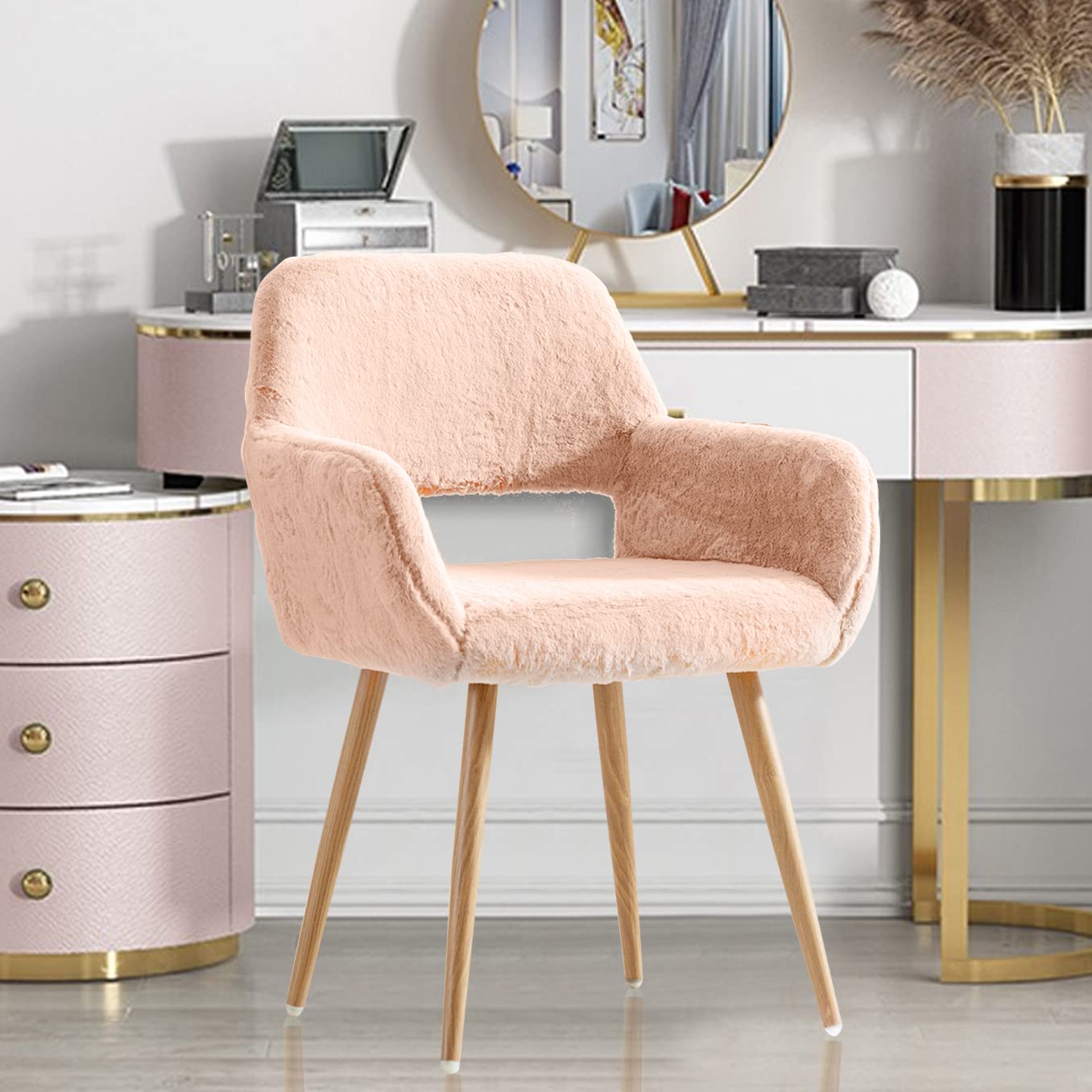 HomVent Faux Fur Makeup Vanity Chair with Arms - Modern Home Office Desk Chair with Solid Wood & Steel Legs for Bedroom, Living Room - Soft Camel Color for Beauty Salon & Dressing Room