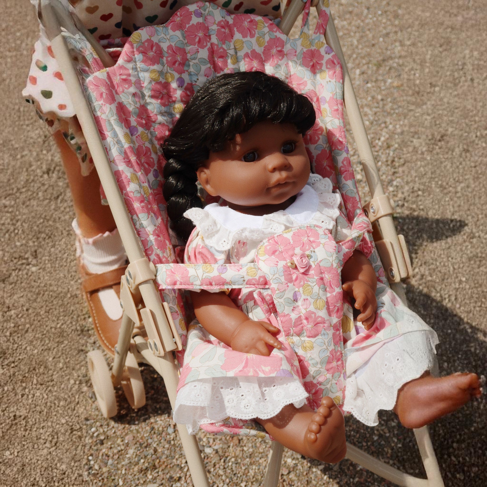KONGES SLØJD Doll Stroller - Pink Rose Design for Kids, Perfect for Pretend Play & Indoor/Outdoor Fun