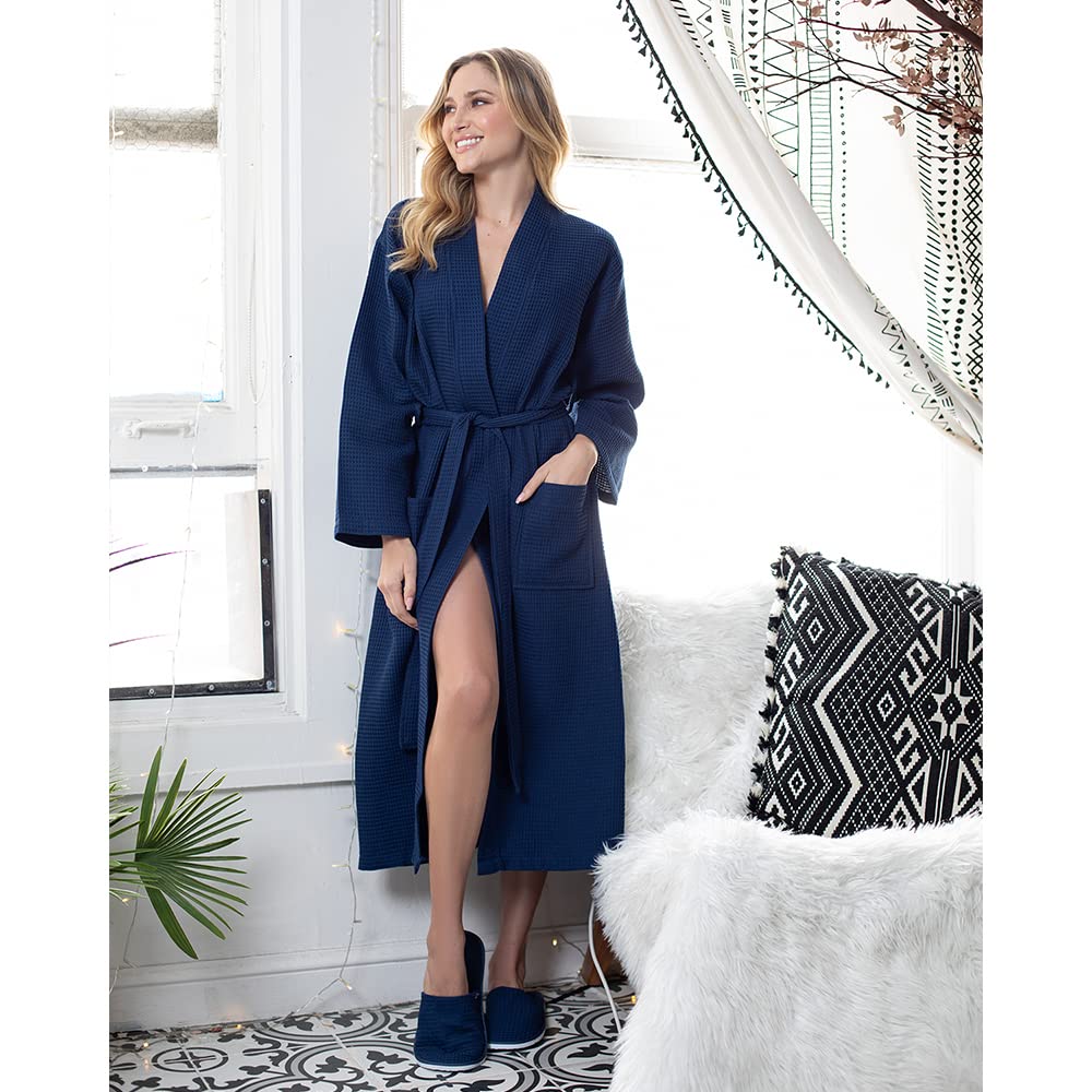 Lotus Linen Women's Lightweight Waffle Weave Robe - Soft Long Cotton Kimono Bathrobe for Spa, Lounge & Home Relaxation - Breathable Comfortable Bath Robe for Women