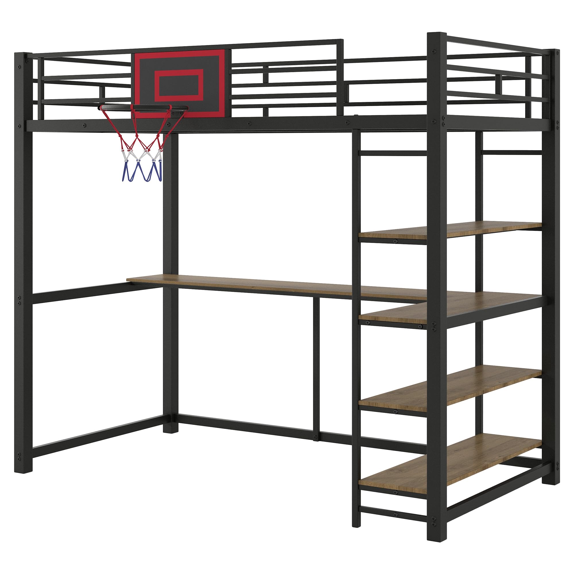 HABITRIO Twin Size Loft Bed with Shelves, Desk & Basketball Hoop - Sturdy Metal Frame for Kids & Teens - Space-Saving Study & Play Solution for Small Bedrooms (Black)