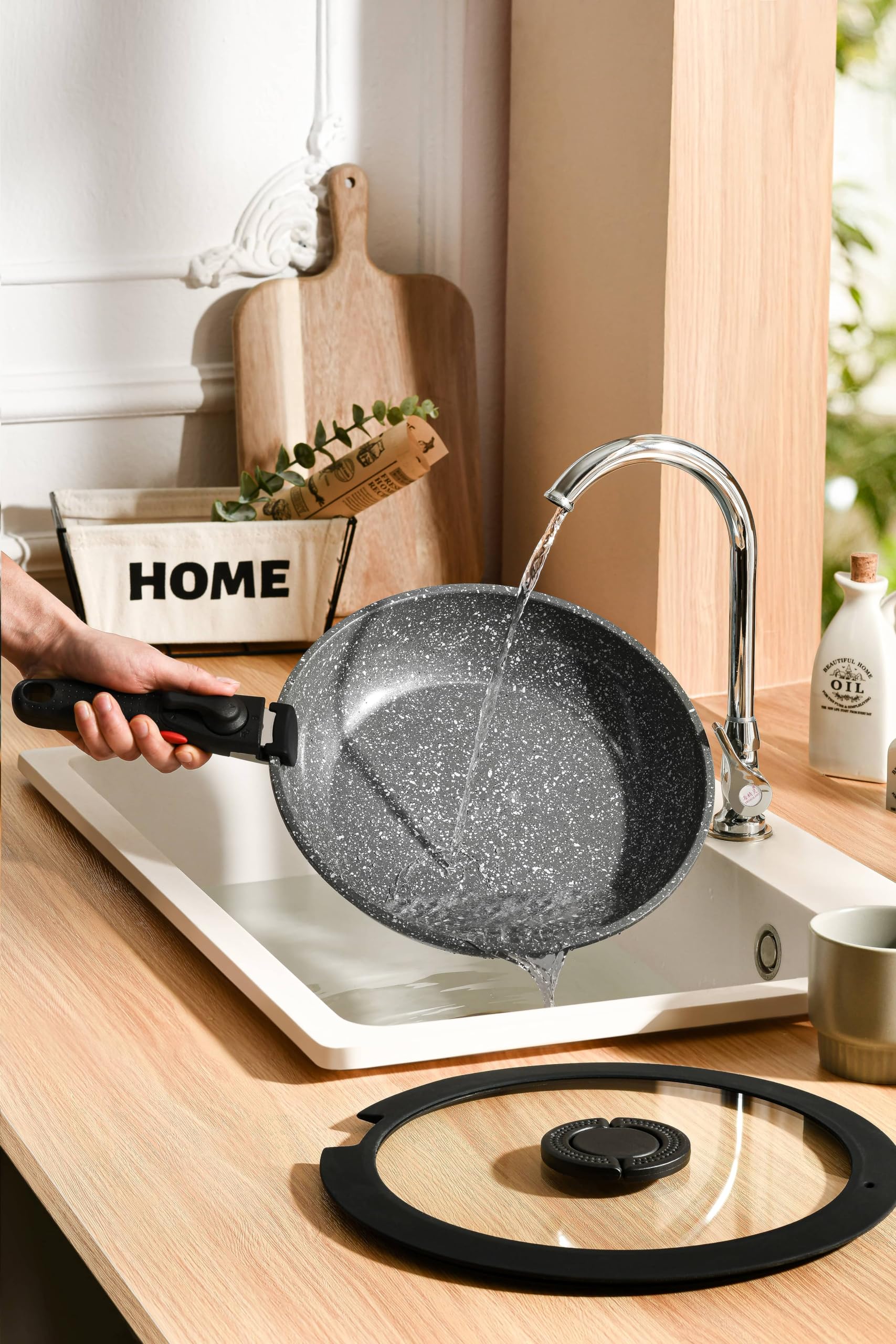 7-Piece Non-Stick Ceramic Cookware Set with Removable Handles - Induction Compatible, PFOA/PFAS Free, Oven & RV Safe - Stackable Black Granite Pots & Pans for Home Kitchen, Camping & Small Spaces