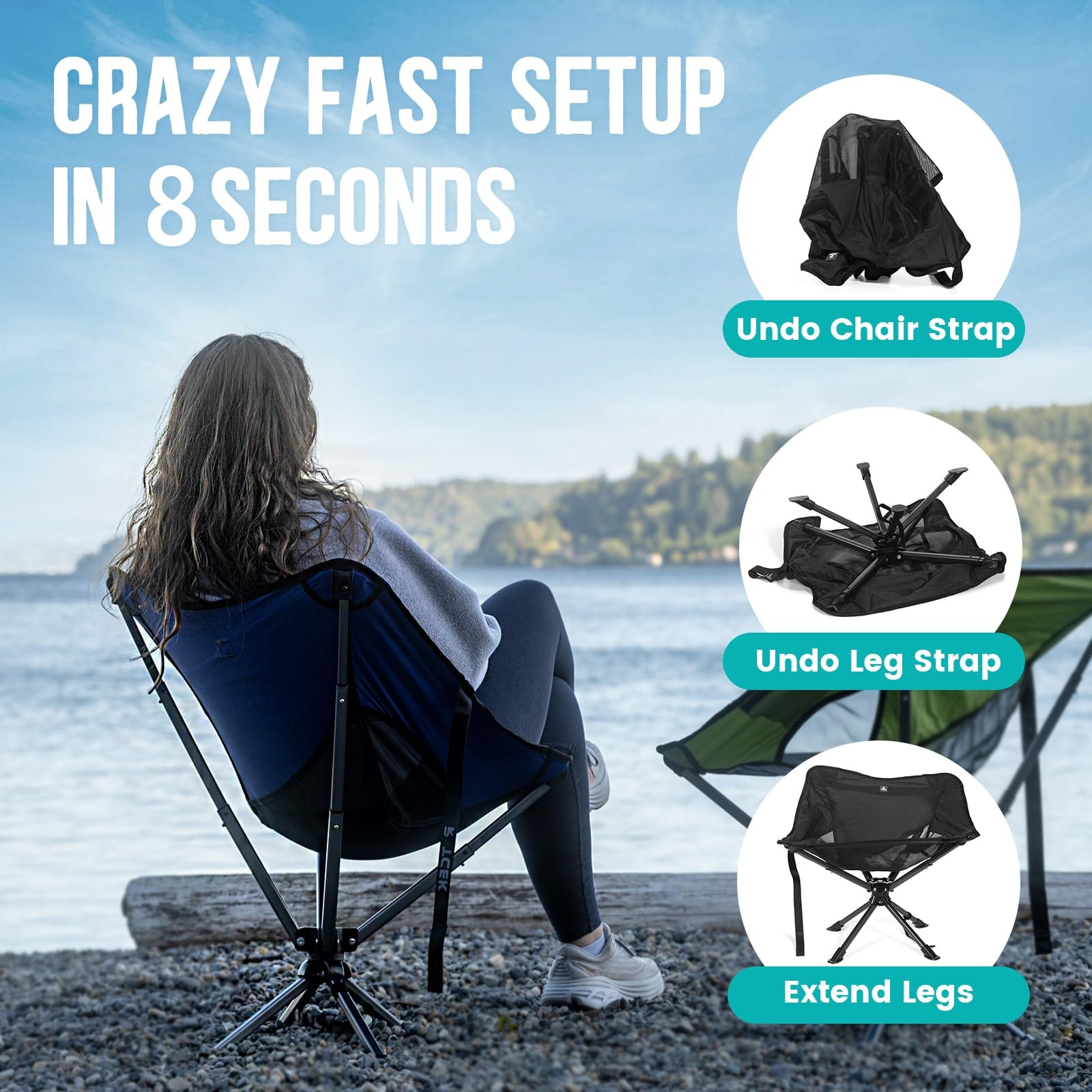 Portable Swivel Folding Chair for Adults - Compact & Lightweight Collapsible Camping Chair with 300 LBS Capacity - Perfect for Outdoor Activities, Travel, Hiking, Beach, Picnics, Backyard, and Tailgating - Sets Up in 8 Seconds