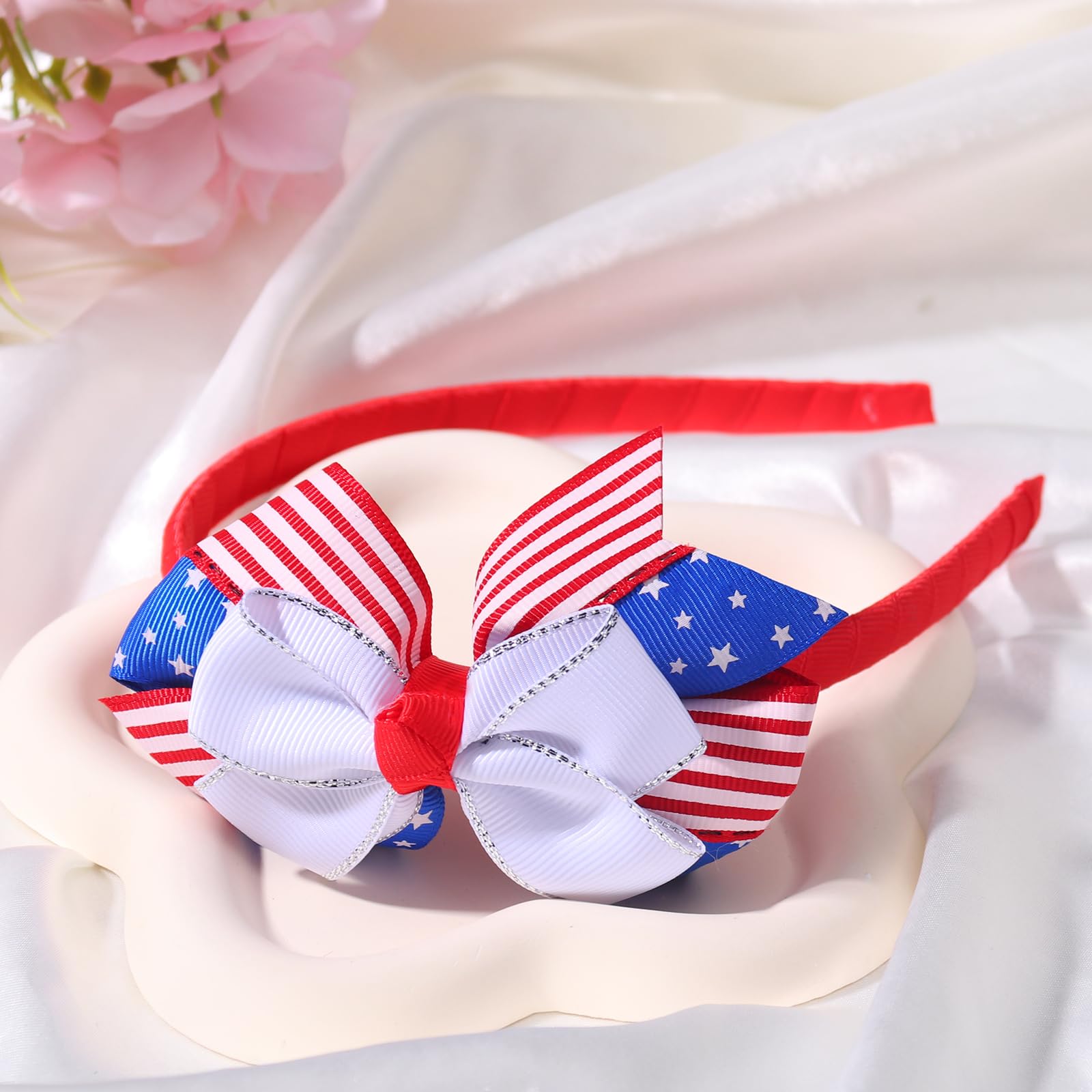 BELSITA 4th of July Headband - Patriotic USA Flag Hair Bow with Silver Edge for Women, Girls & Kids - Independence Day Party Hair Accessories - Non-Slip Headband (1 Pack) - Perfect for 4th of July Celebrations, Patriotic Parades & Festive Holiday Events