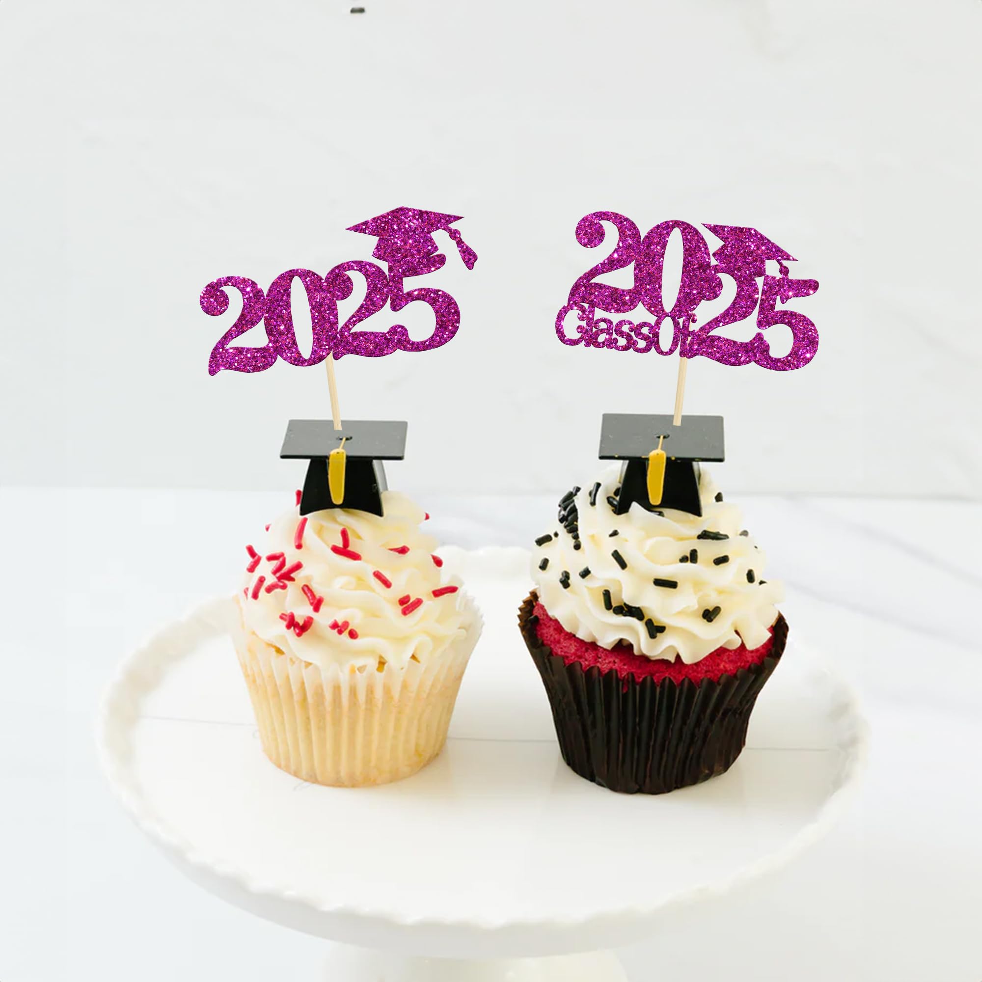 24Pcs Class of 2025 Graduation Cupcake Toppers - Purple Glitter Grad Cap Cake Decorations for 2025 Graduation Party Supplies | Perfect for High School & College Graduation Cakes, Cupcakes, and Dessert Tables