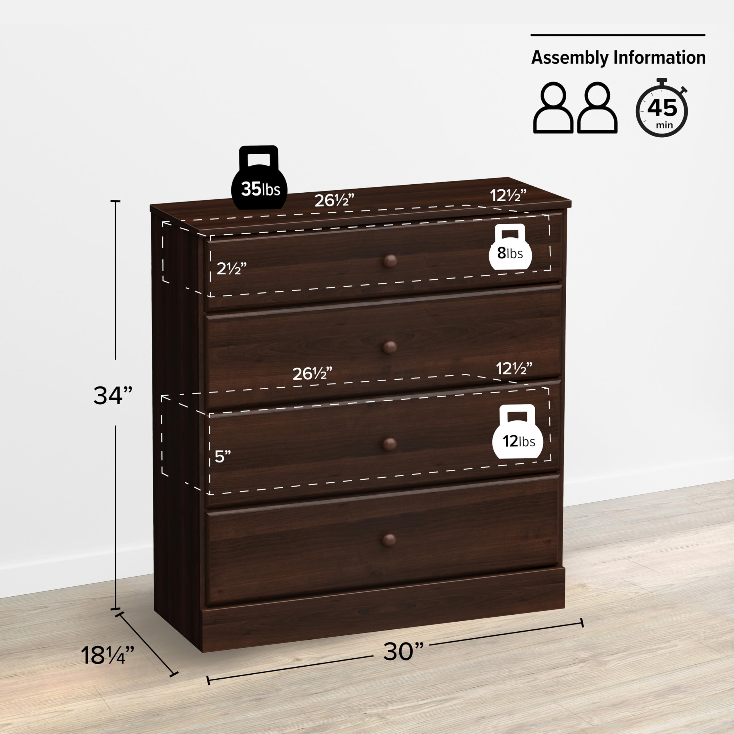 Prepac Astrid 4-Drawer Dresser for Bedroom - Espresso Wooden Chest of Drawers 30