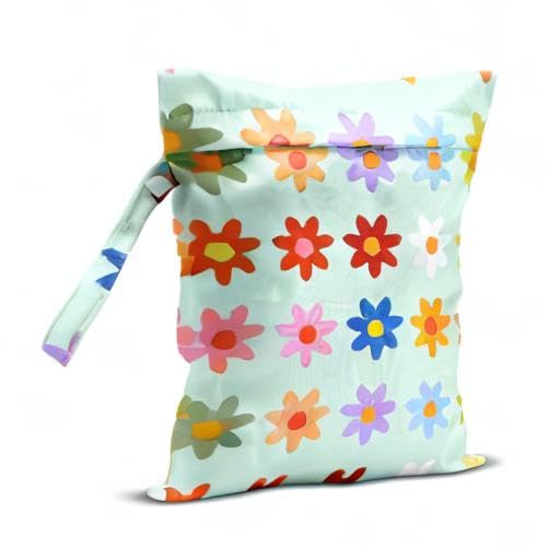 Waterproof Wet Dry Bag for Swimsuits, Beach, Pool, Diapers & Gym Clothes - Reusable Travel Toiletry & Makeup Organizer with Cute Daisy Floral Design | Perfect for Travel, Yoga, Sports & Baby Care