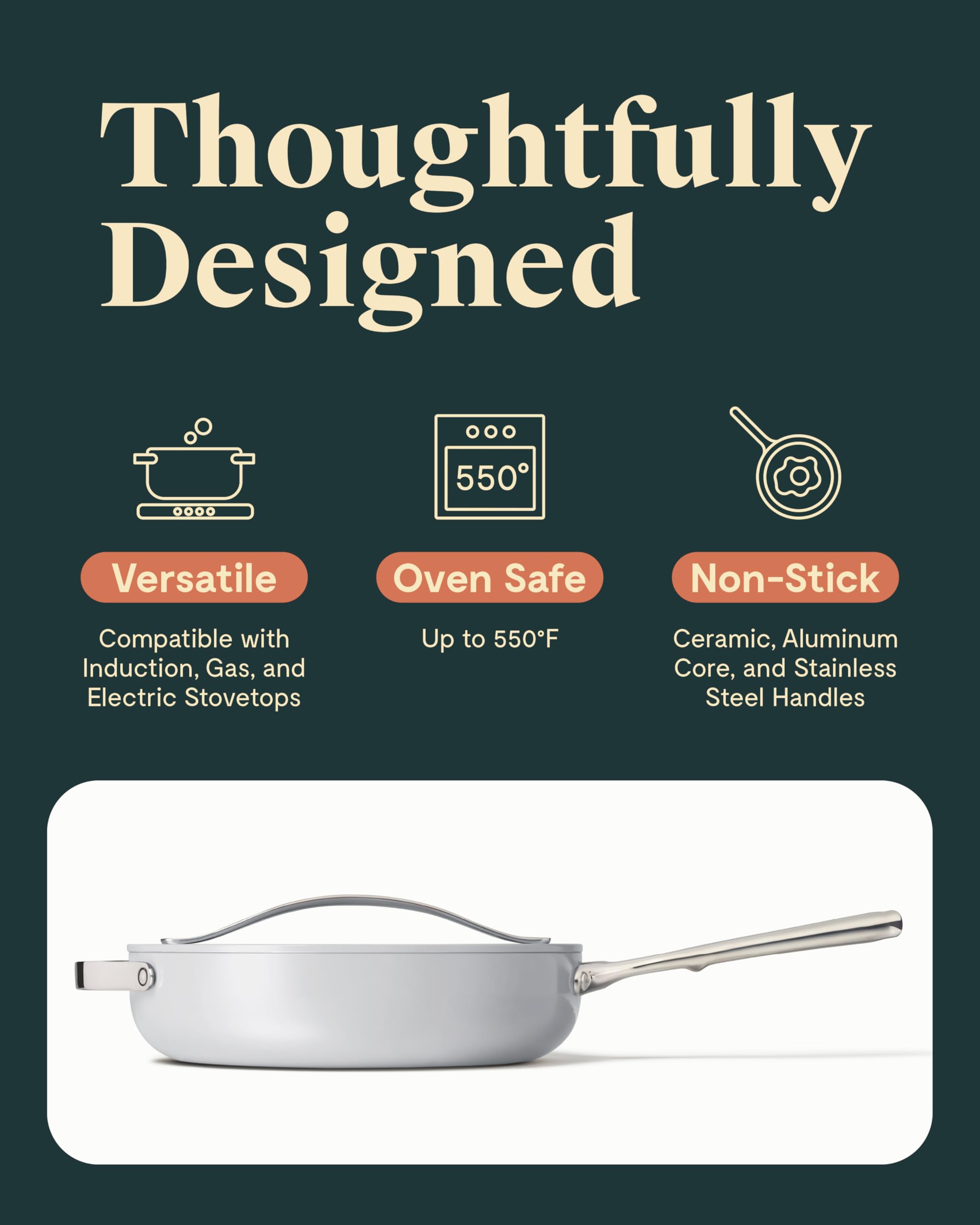 Caraway Nonstick Ceramic Sauté Pan with Lid - 4.5 Quart, 11.8 Inch Oven Safe Cookware - PTFE & PFOA Free Non-Toxic Frying Pan for Gas, Electric & Induction Stovetops - Perfect for Sautéing, Frying & Simmering - Elegant Gray Kitchen Essential