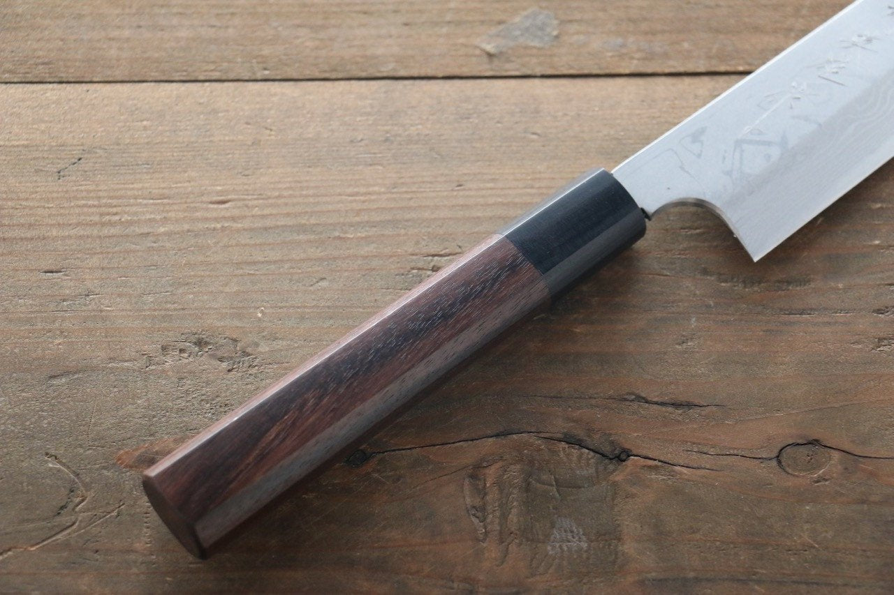 Premium Hideo Kitaoka White Steel No.2 Damascus Kiritsuke Yanagiba Knife 210mm with Ebony Handle - Perfect for Sushi Chefs & Japanese Cuisine Preparation