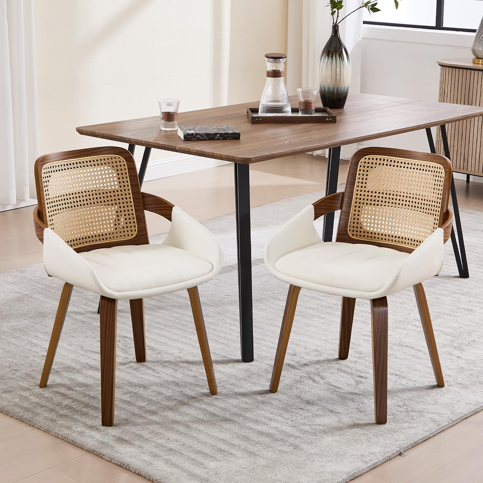 Mid Century Modern Dining Chairs Set of 2 - PU Leather Upholstered Armchairs with Rattan Back & Bentwood Frame for Kitchen, Dining Room, Home, Restaurant or Office - Beige - Perfect for Small Spaces, Breakfast Nooks and Contemporary Interior Design