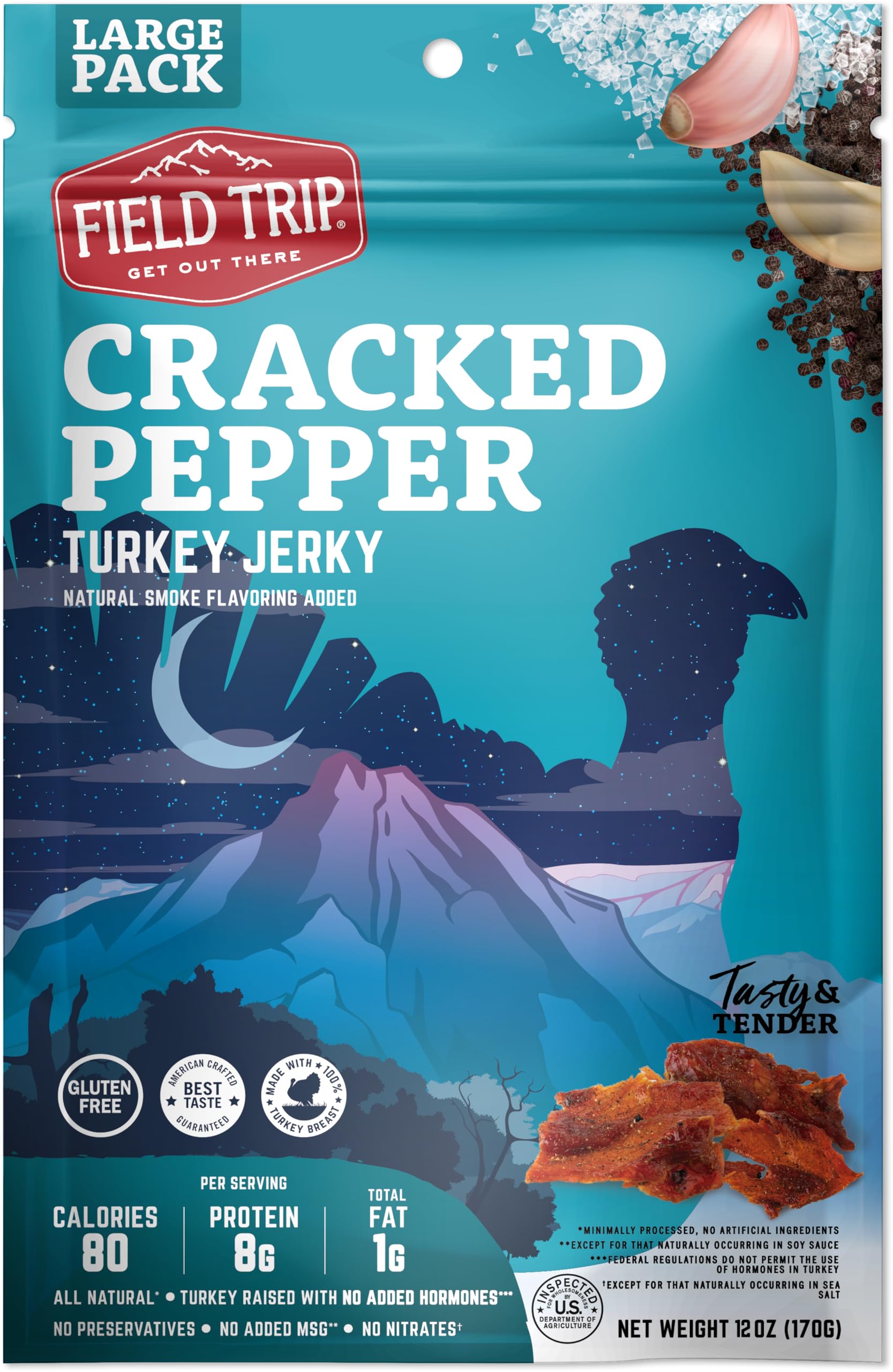 Field Trip Turkey Jerky - All Natural Gluten Free Dried Turkey Meat | Healthy Paleo-Friendly Low Carb High Protein Snack | No Nitrates | 12oz Bag | Cracked Pepper Flavor | Perfect for Hiking, Camping & Keto Diet