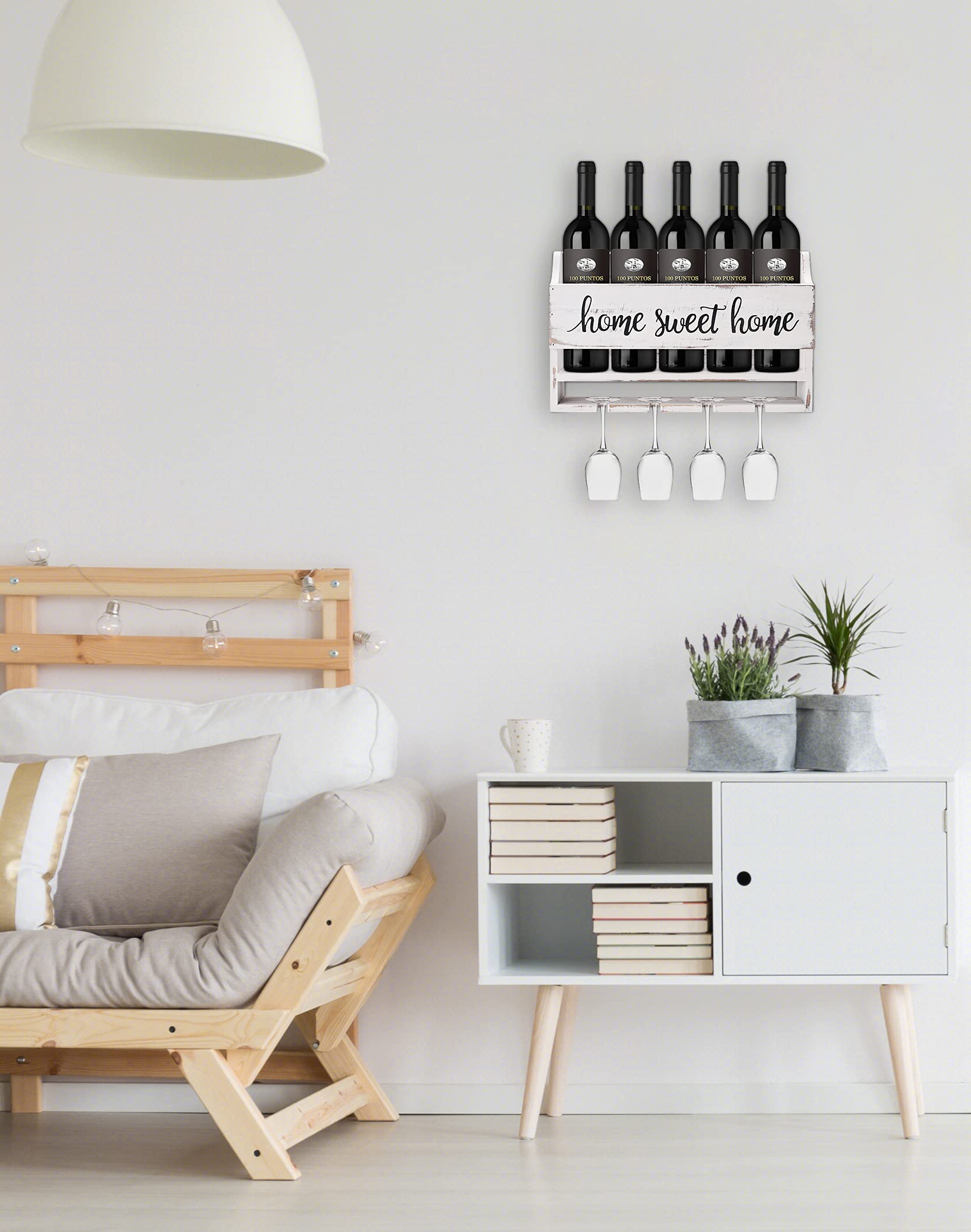 White Wood Wall Mounted Wine Rack with Glass Holder - Elegant Housewarming Gift for New Home, Perfect Wine Lover Present for Women - Home Sweet Home Wall Decor for Kitchen, Dining Room or Bar Area
