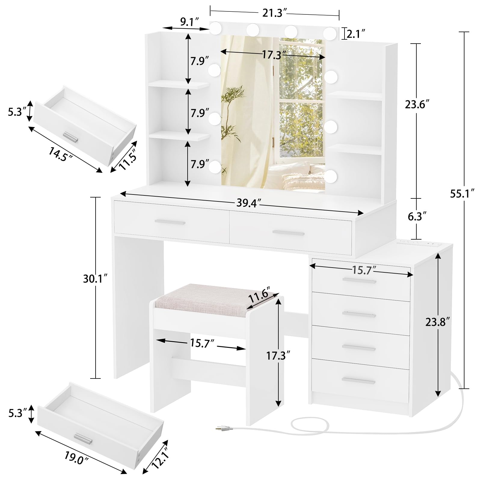 Vanity Desk with Mirror & LED Lights, 48