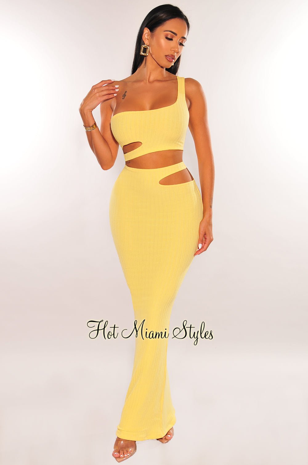 Elegant Yellow Ribbed One Shoulder Cut Out Maxi Skirt Two Piece Set - Summer Beach Party Outfit, Vacation Dress, Boho Chic Fashion for Women
