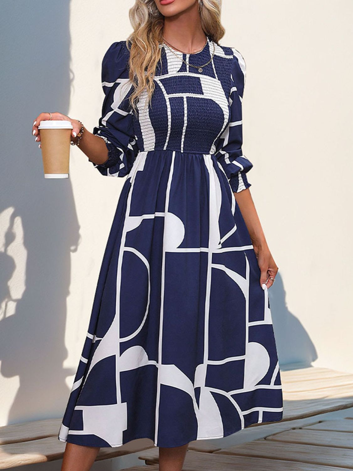 Elegant Smocked Color Block Long Sleeve Midi Dress for Women | Flowy Boho Chic Style | Perfect for Weddings, Parties & Special Occasions