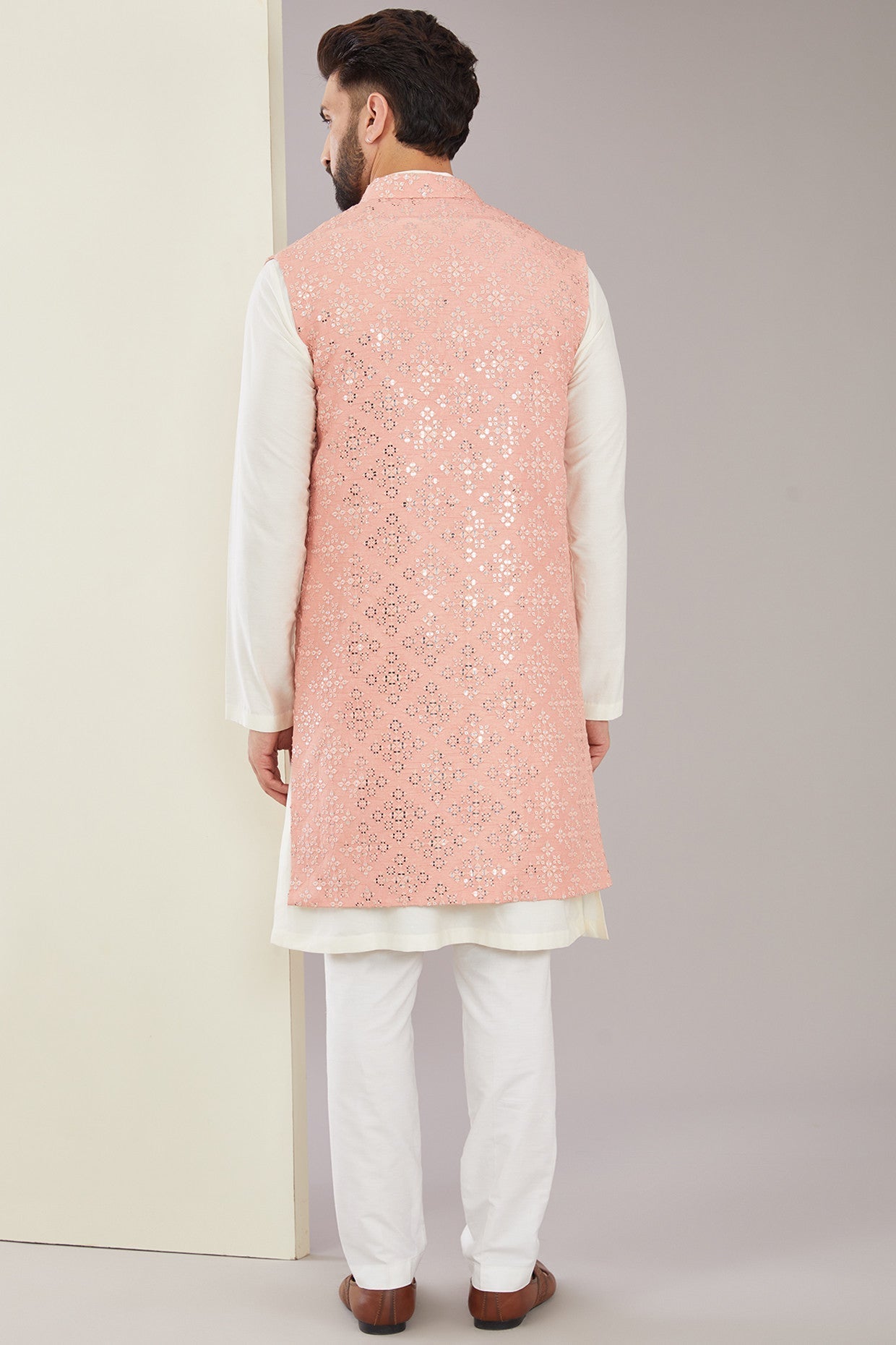 Elegant Peach Mirror Work Long Open Shrug - Boho Chic Embroidered Cover-Up for Women | Perfect for Weddings, Beach Parties & Summer Festivals