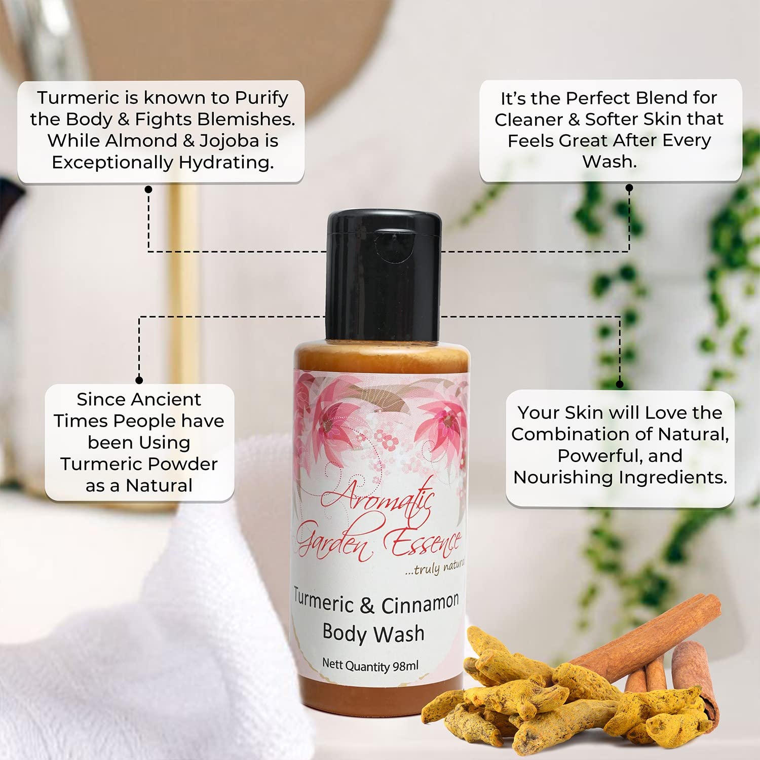 Turmeric & Cinnamon Body Wash with Mint Aloe Vera Lotion & Dry Fruit Ubtan - Unisex Skincare Gift Set for Women & Men | Spa Day, Birthday Present, Holiday Pampering Kit (3-Piece Hamper Box)