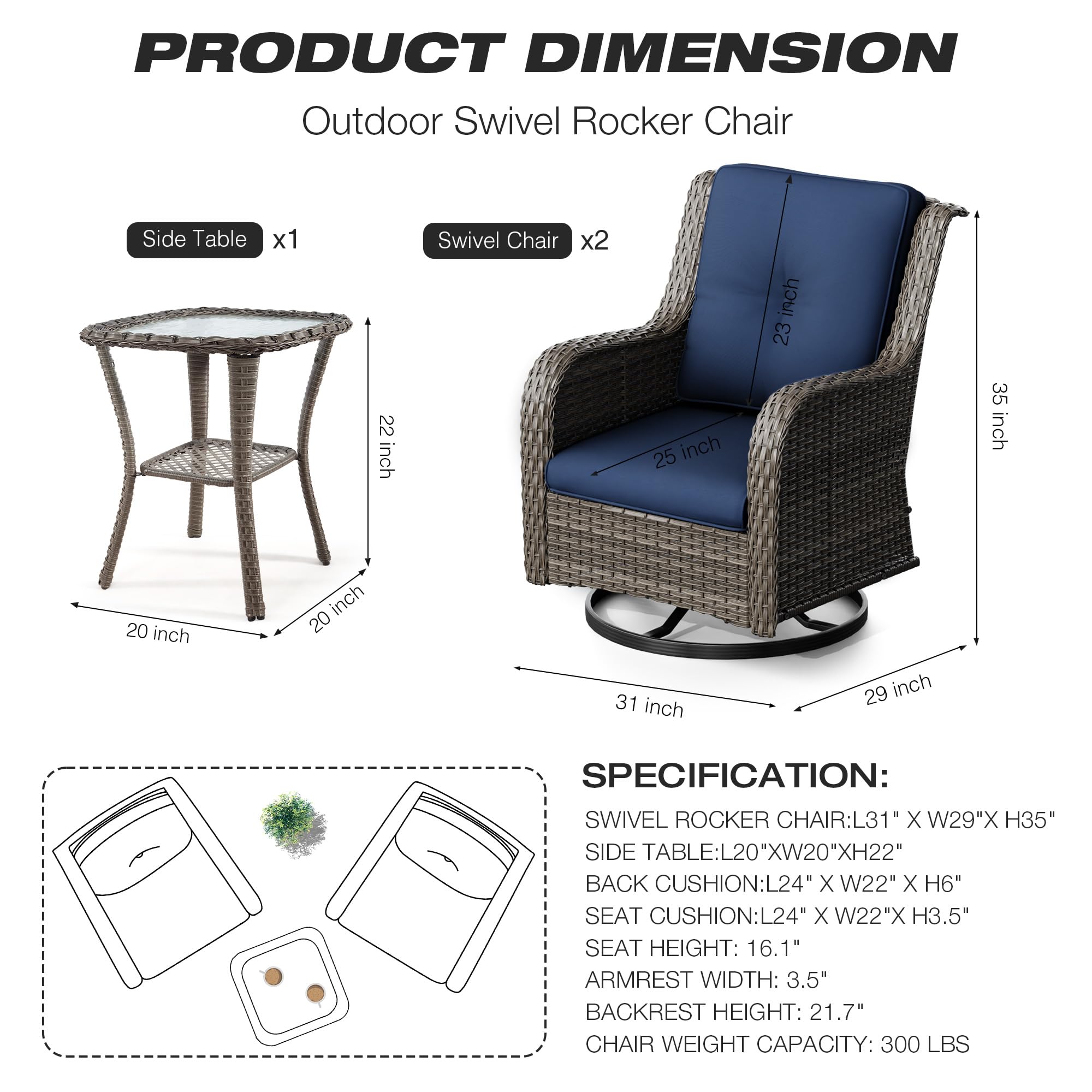 Joyside 3-Piece Outdoor Patio Set - 2 Swivel Rocker Chairs & Matching Side Table with Premium Cushions (Mixed Grey/Blue) - Wicker Bistro Furniture for Backyard, Garden, Poolside & Balcony Relaxation