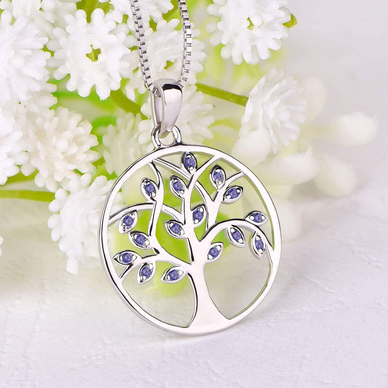 YL Tree of Life Pendant Necklace & 925 Sterling Silver Tanzanite Dangle Earrings Set - Round Family Jewelry Gift for Women | Perfect for Anniversaries, Birthdays, and Special Occasions