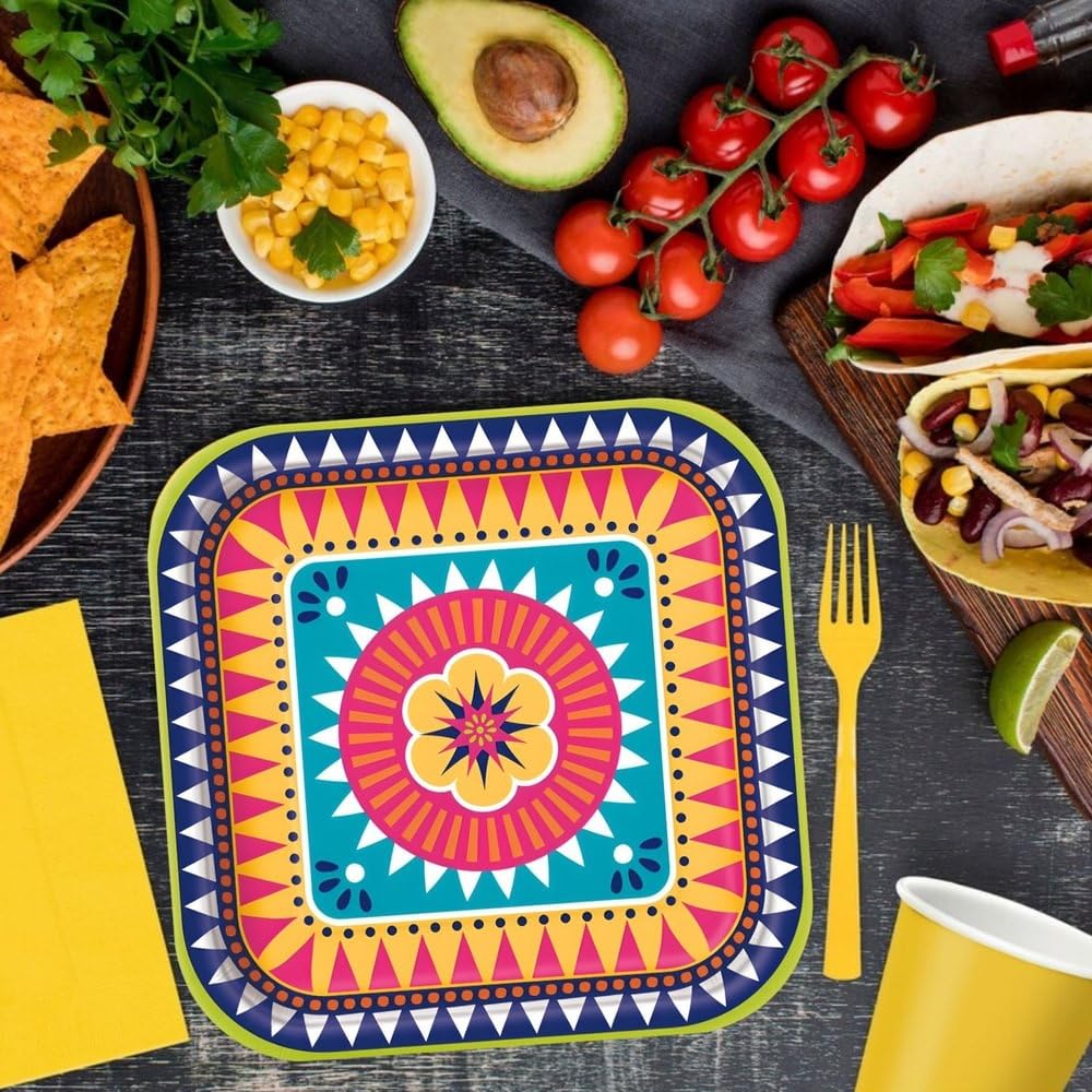 Boho Fiesta Square Dinner Paper Plates 9 Inch - 8 Pack Disposable Plates for Parties, Picnics, BBQs & Family Gatherings