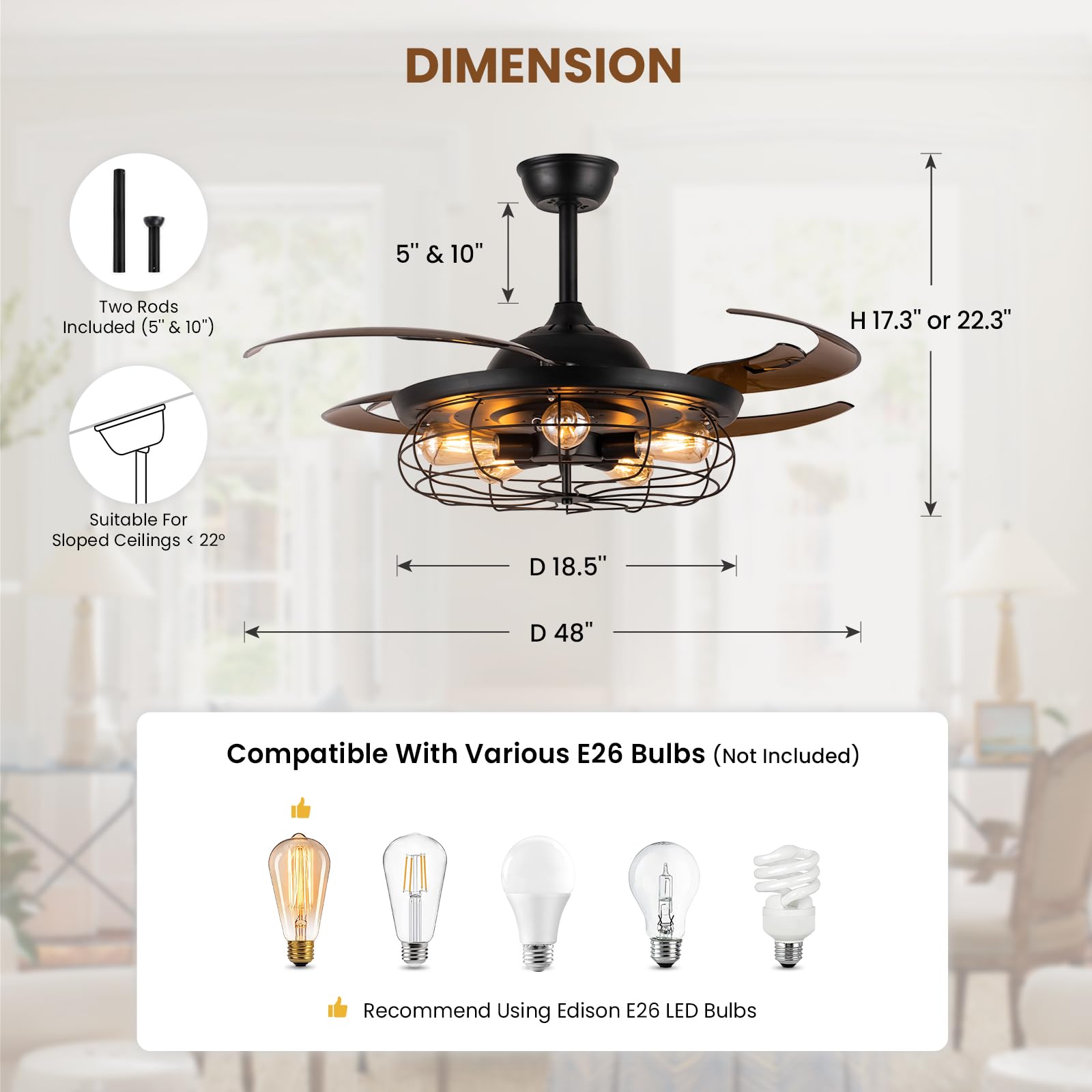 Siljoy 48 Inch Retractable Black Industrial Caged Ceiling Fan with Remote & 5 Lights - Farmhouse Chandelier Style for Living Room, Bedroom, Patio - Perfect for Home Cooling & Decorative Lighting
