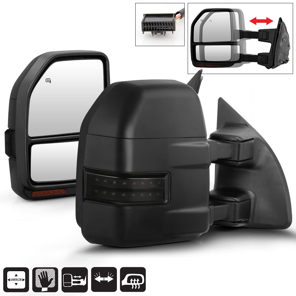 ACANII Telescoping Power Heated LED Signal Towing Mirrors for 2008-2016 Ford F250 F350 F450 - Smoke Lens, Left & Right Set - Perfect for Towing, Night Driving & Off-Road Adventures