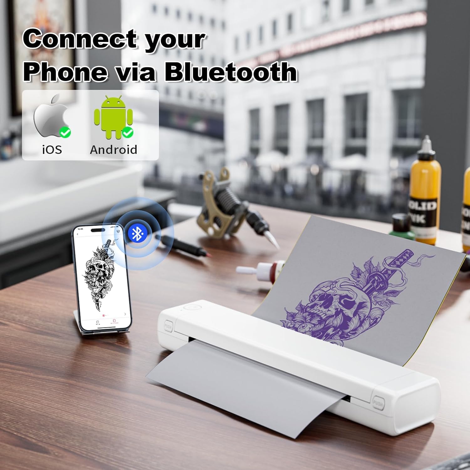 Professional M08F Tattoo Stencil Printer for Artists - Wireless Thermal Transfer Machine Compatible with Phone & PC - Includes 10 Sheets Transfer Paper - Portable Tattoo Design Copier for Studio & Travel Use