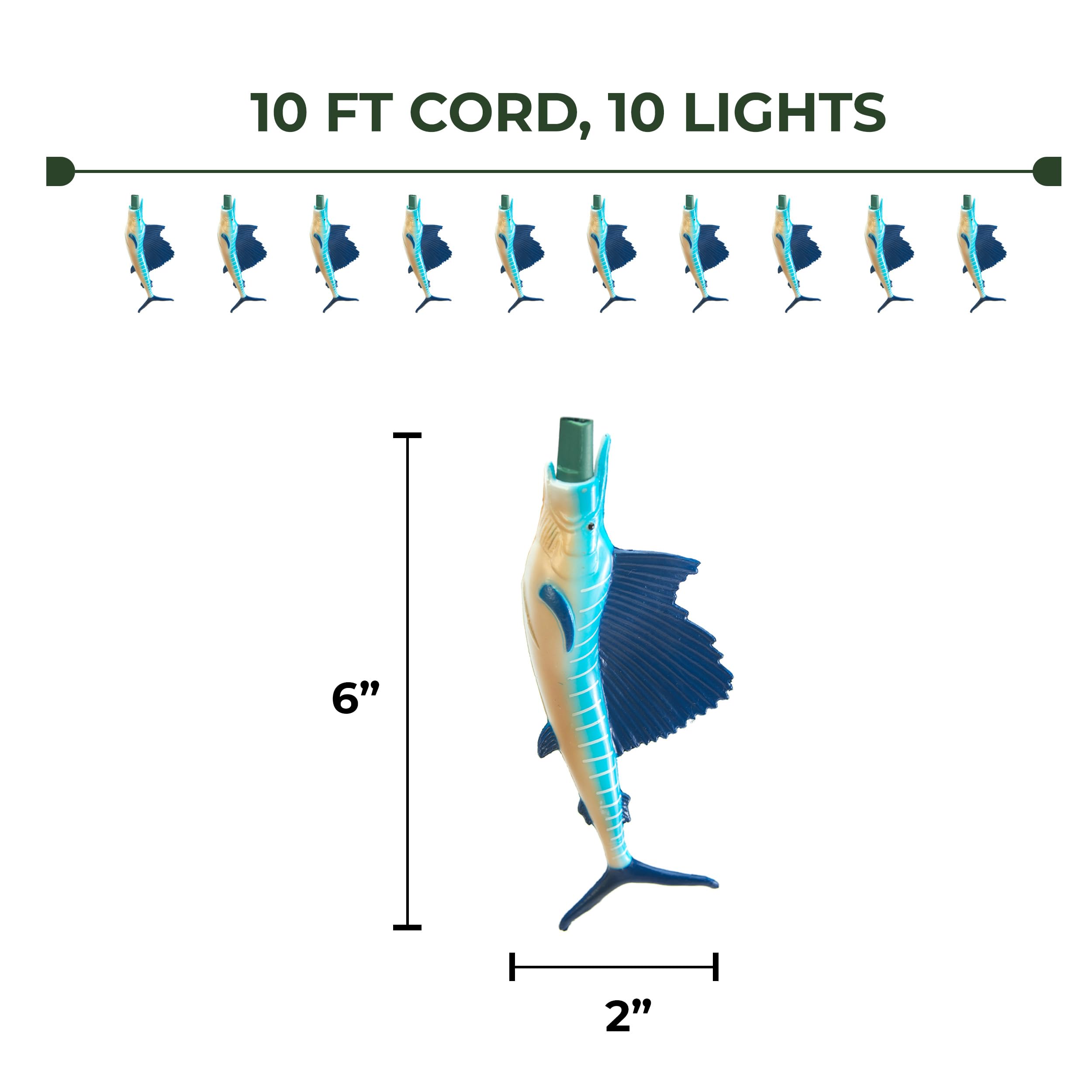 Rivers Edge Products Sailfish LED String Lights - 10-Bulb Fairy Lights with 2 Extra Bulbs, 10FT Hanging Lights for Bedroom, Patio, Deck - Indoor/Outdoor Decorative Lighting for Parties, Weddings & Home Decor